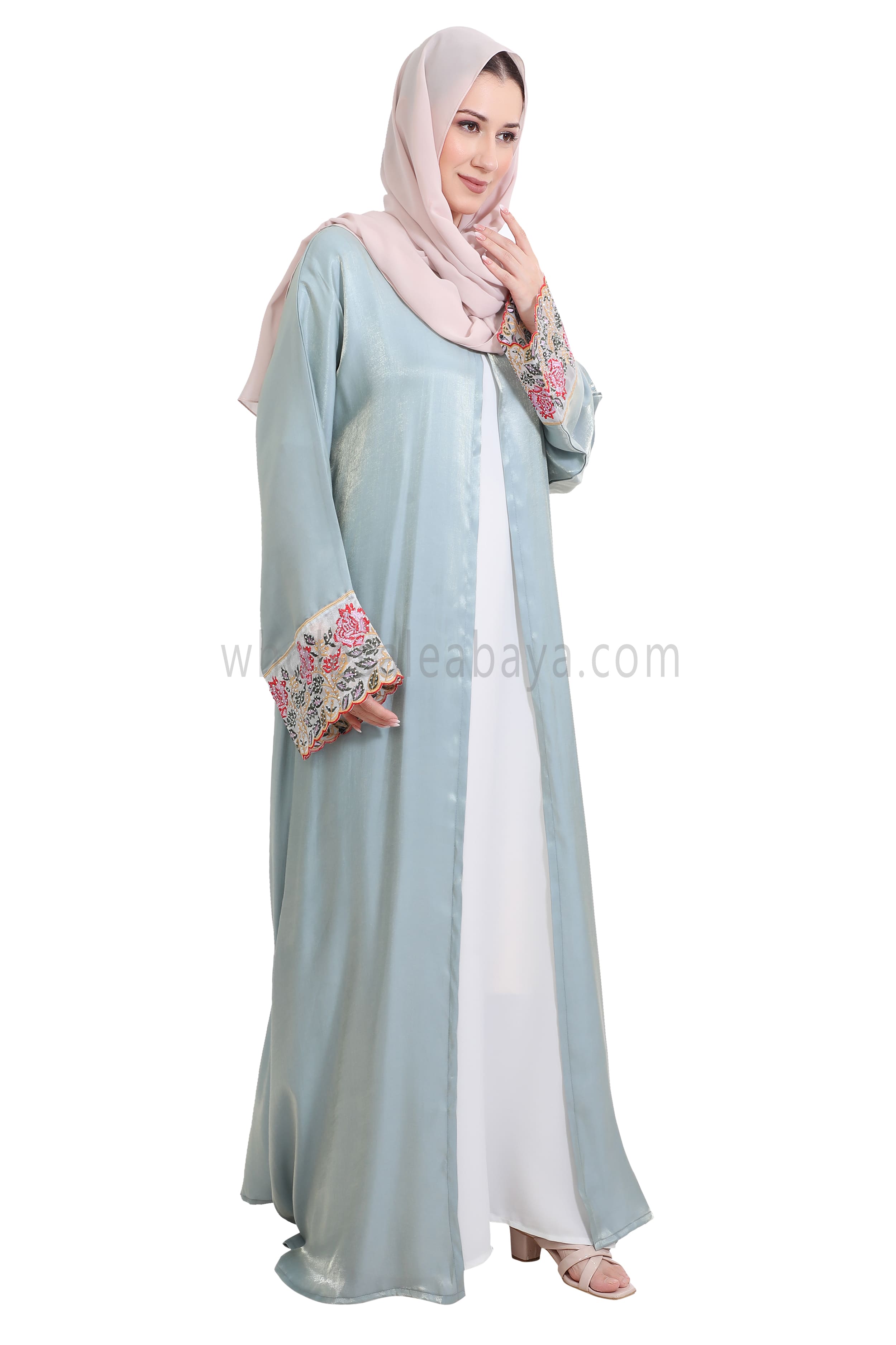 Shimmer Open Abaya With Embellished Lace on the Sleeves