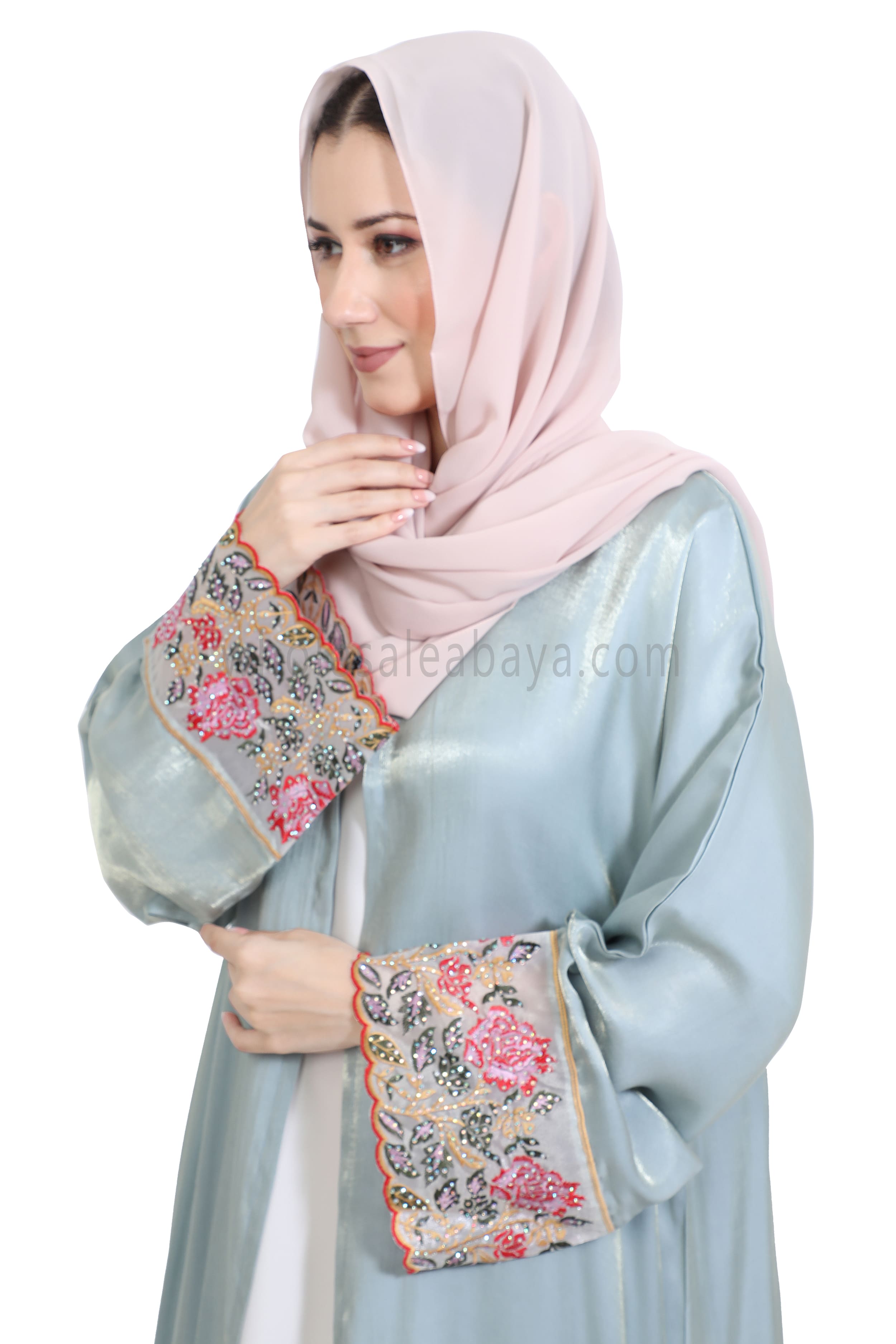 Shimmer Open Abaya With Embellished Lace on the Sleeves