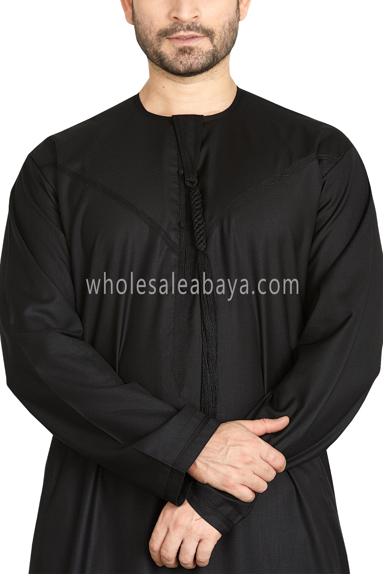 Men's Premium Emirati Thoube With Buttons & Tassel Black