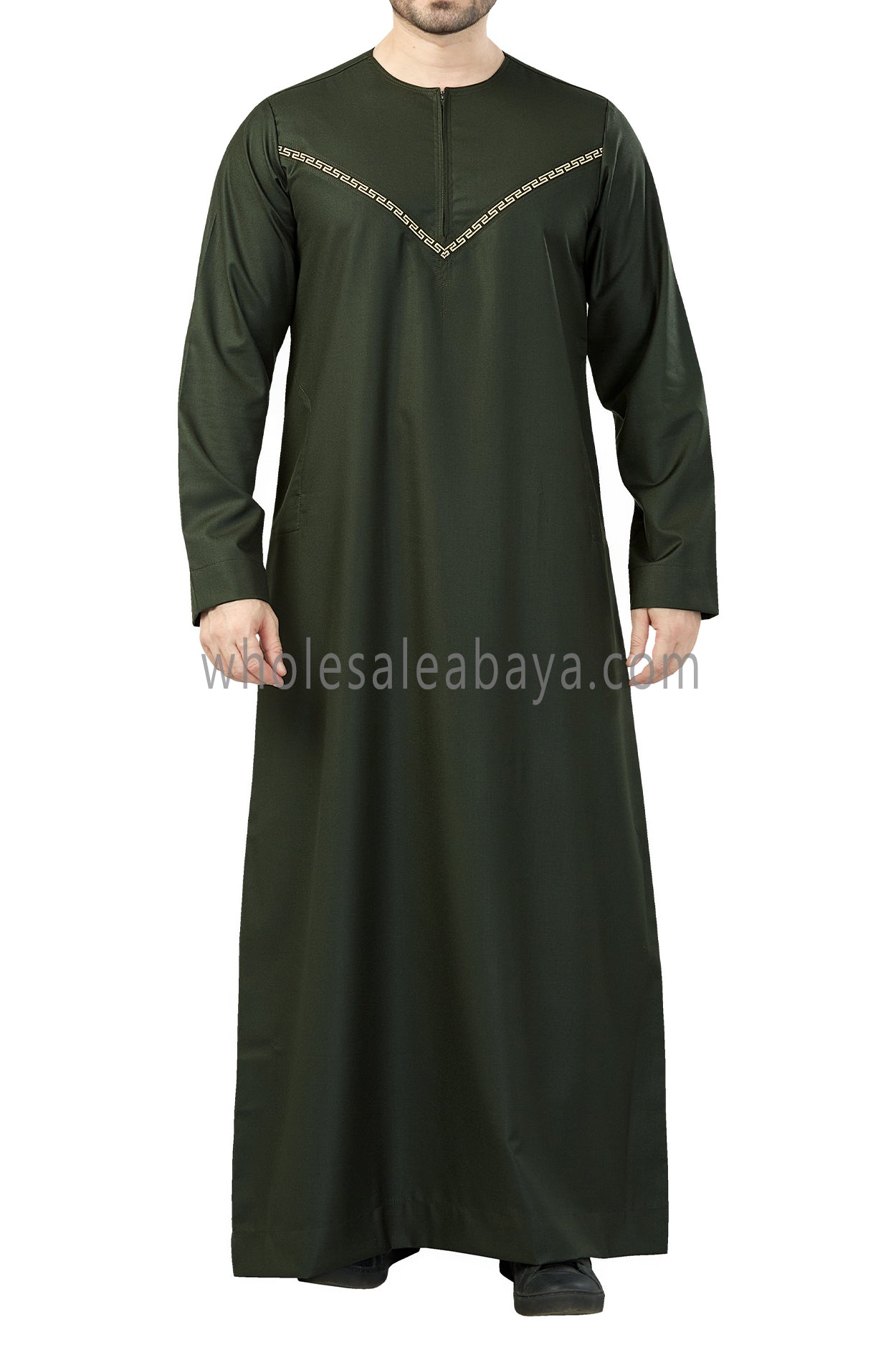 Premium Quality Omani Thoubes with Embroidered "V" Stitching Dark Green and Gold