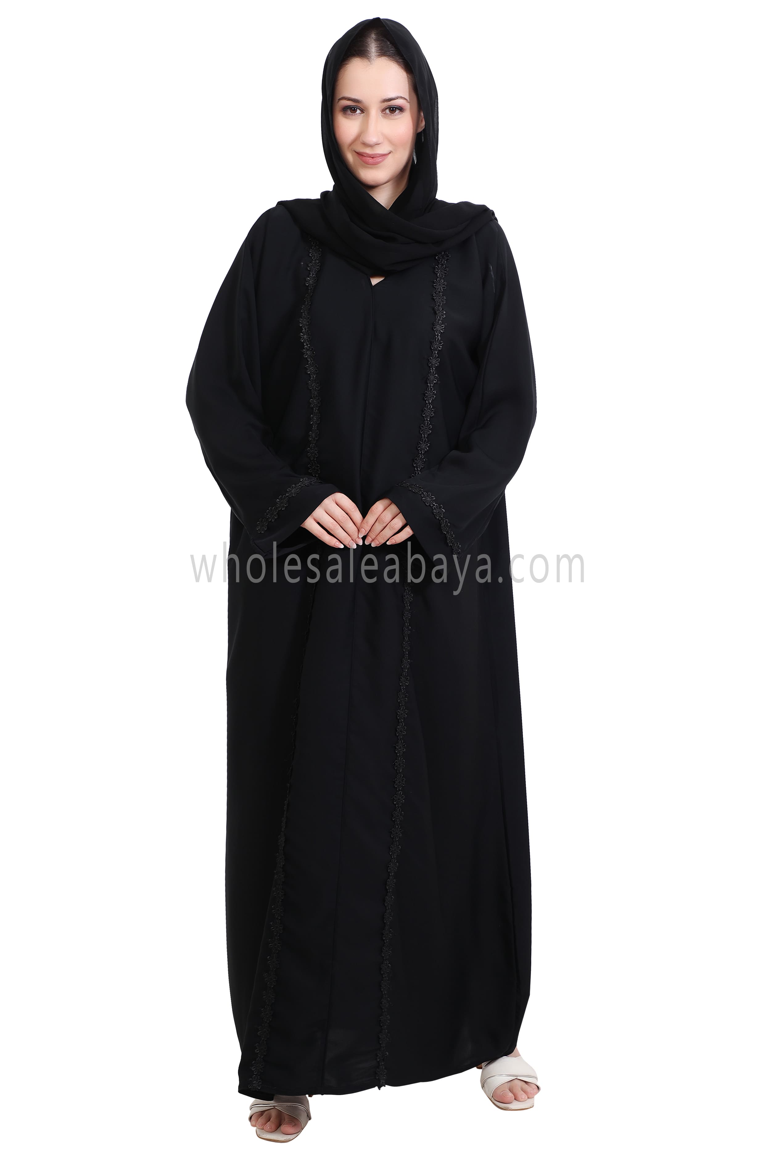 Closed Straight Cut Abaya in Off Black Lace Detailing
