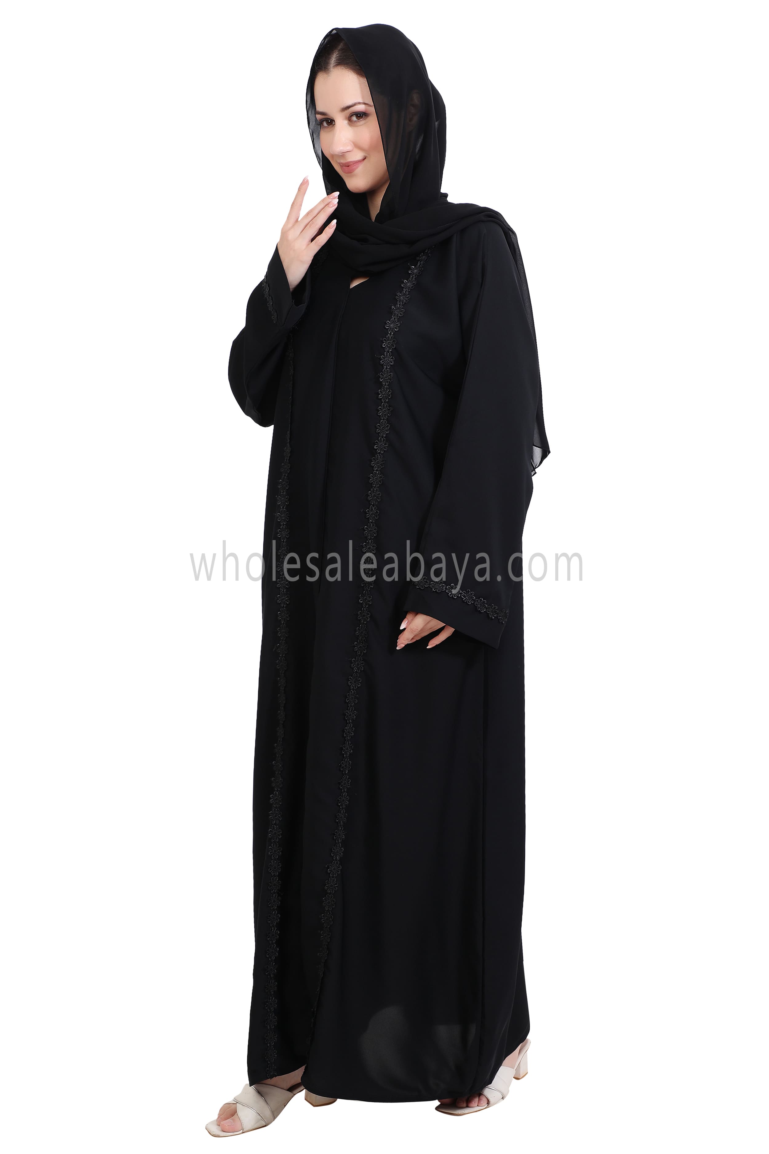 Closed Straight Cut Abaya in Off Black Lace Detailing