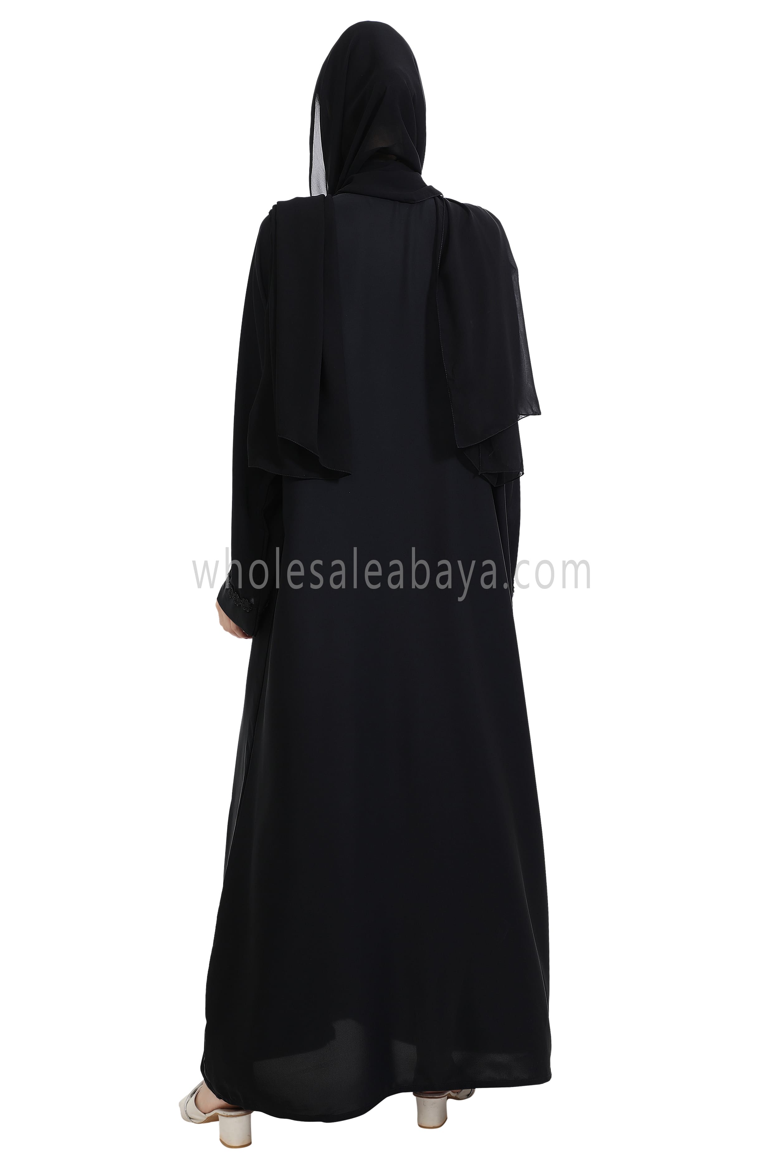 Closed Straight Cut Abaya in Off Black Lace Detailing
