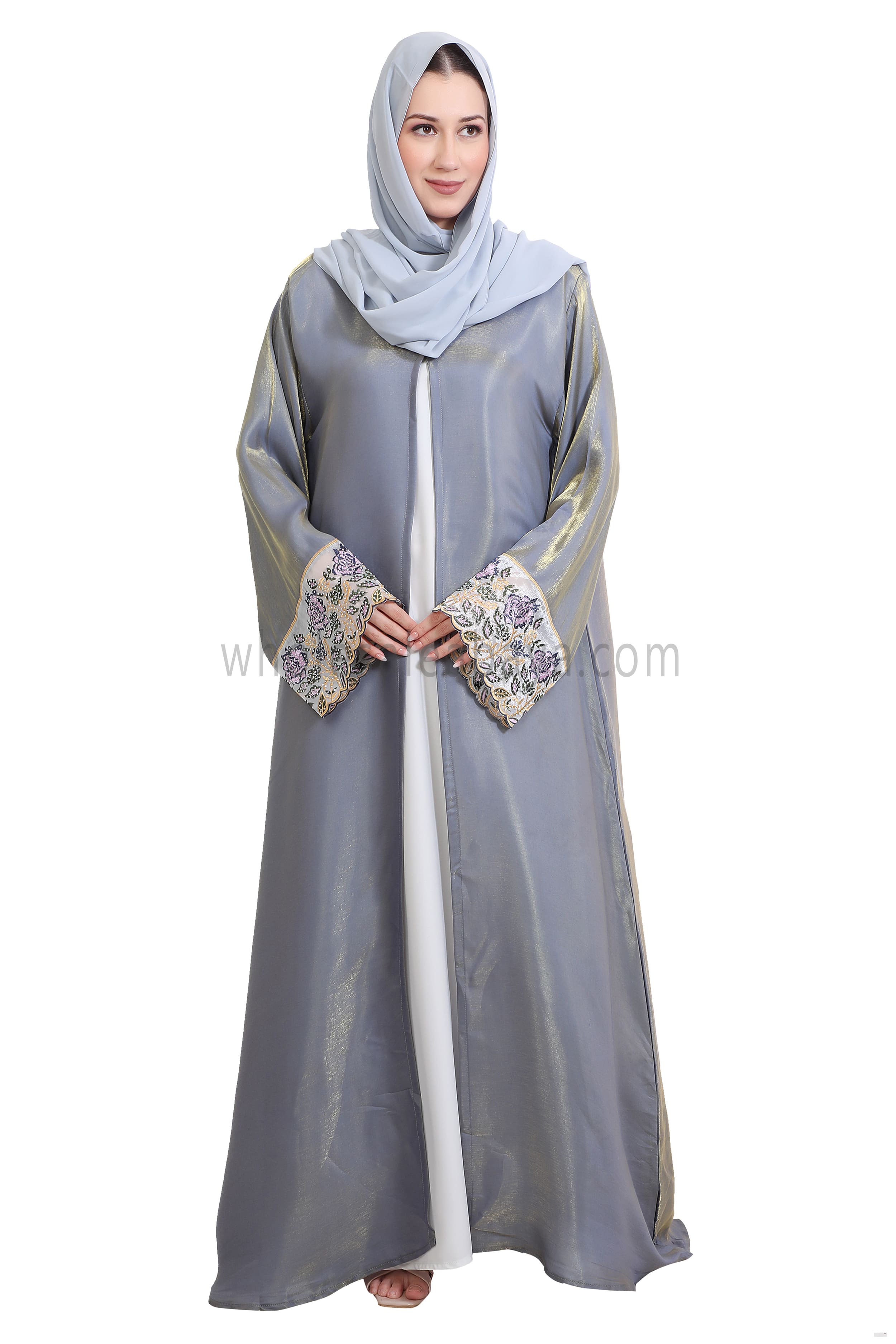 Shimmer Open Abaya With Embellished Lace on the Sleeves