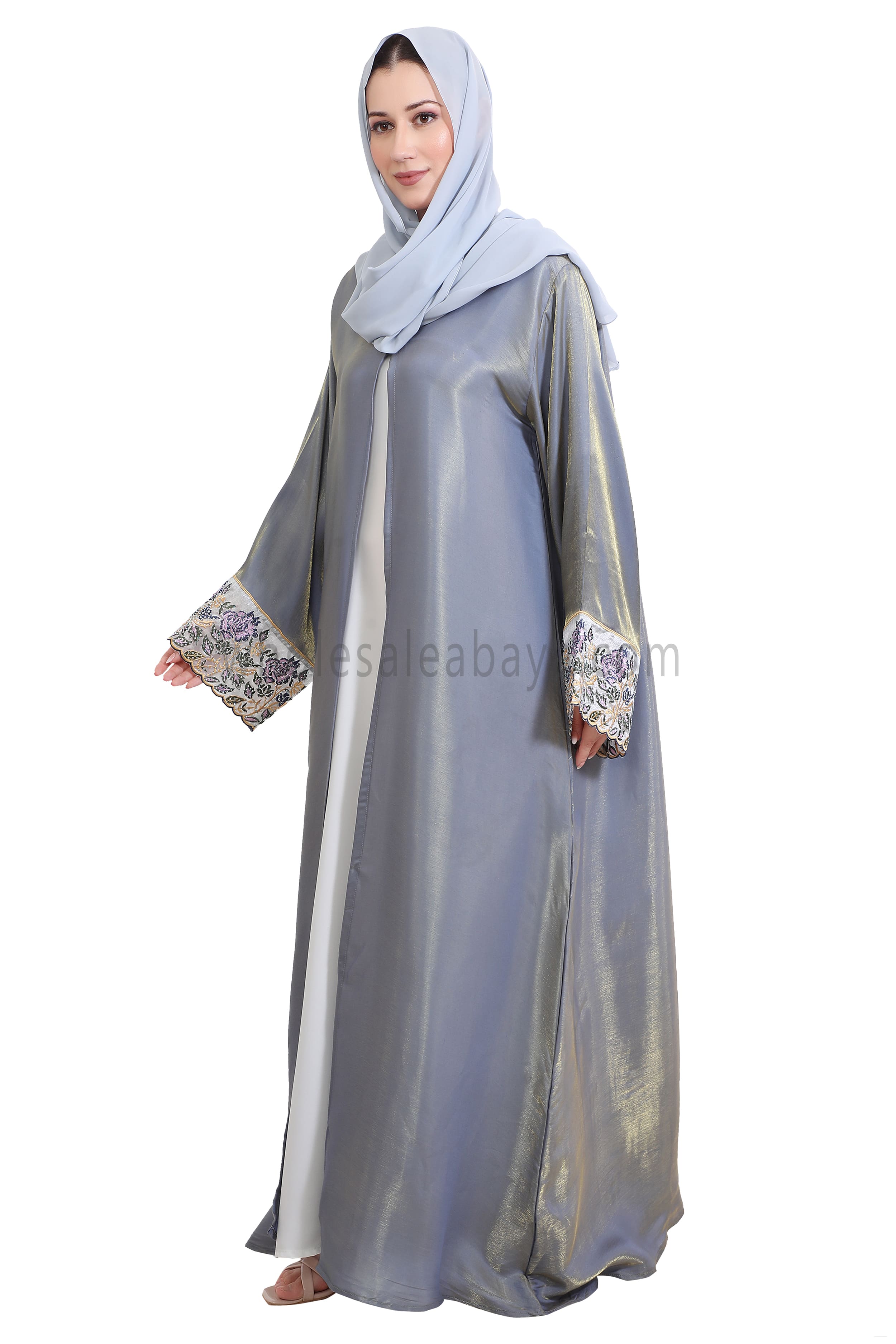 Shimmer Open Abaya With Embellished Lace on the Sleeves