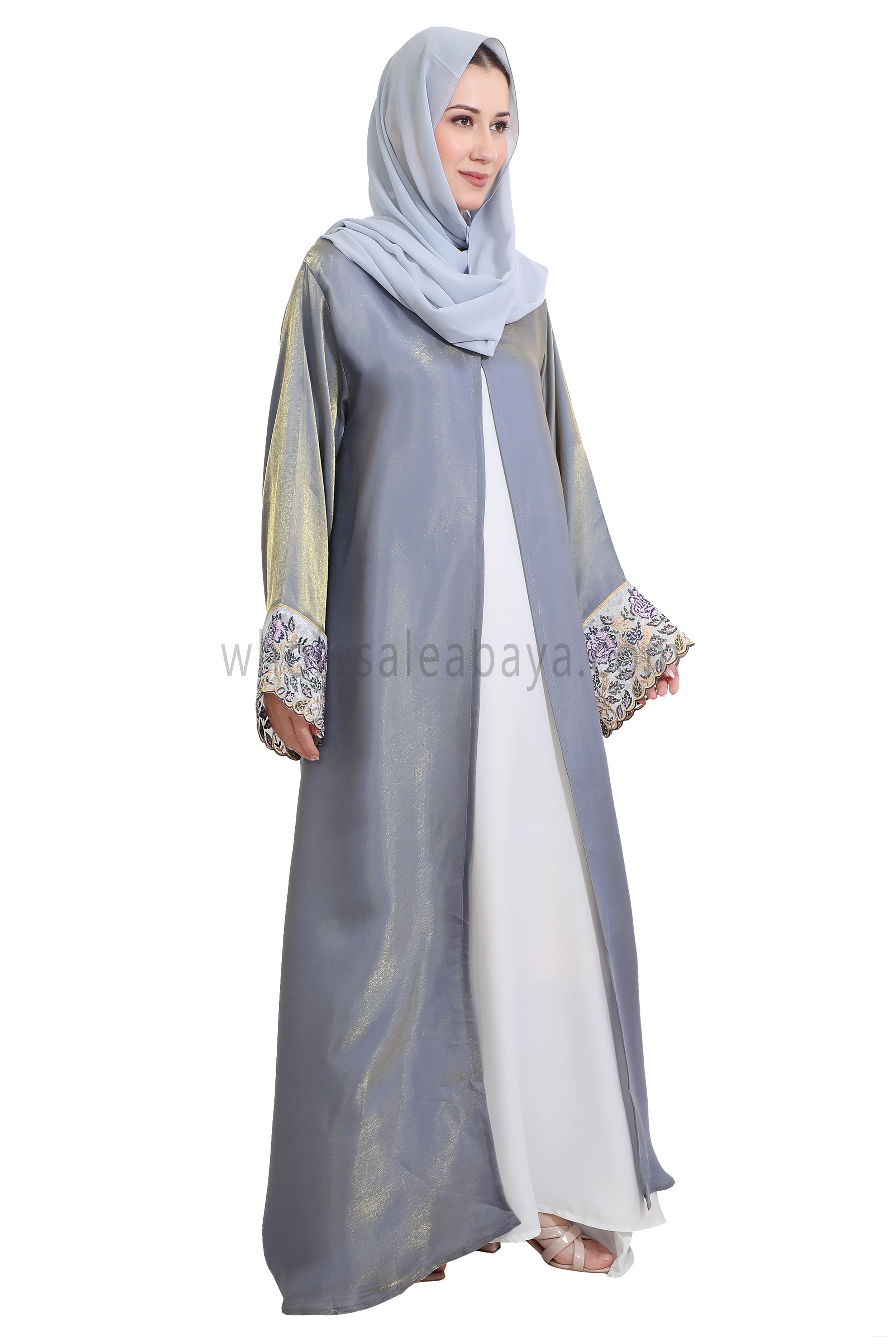 Shimmer Open Abaya With Embellished Lace on the Sleeves