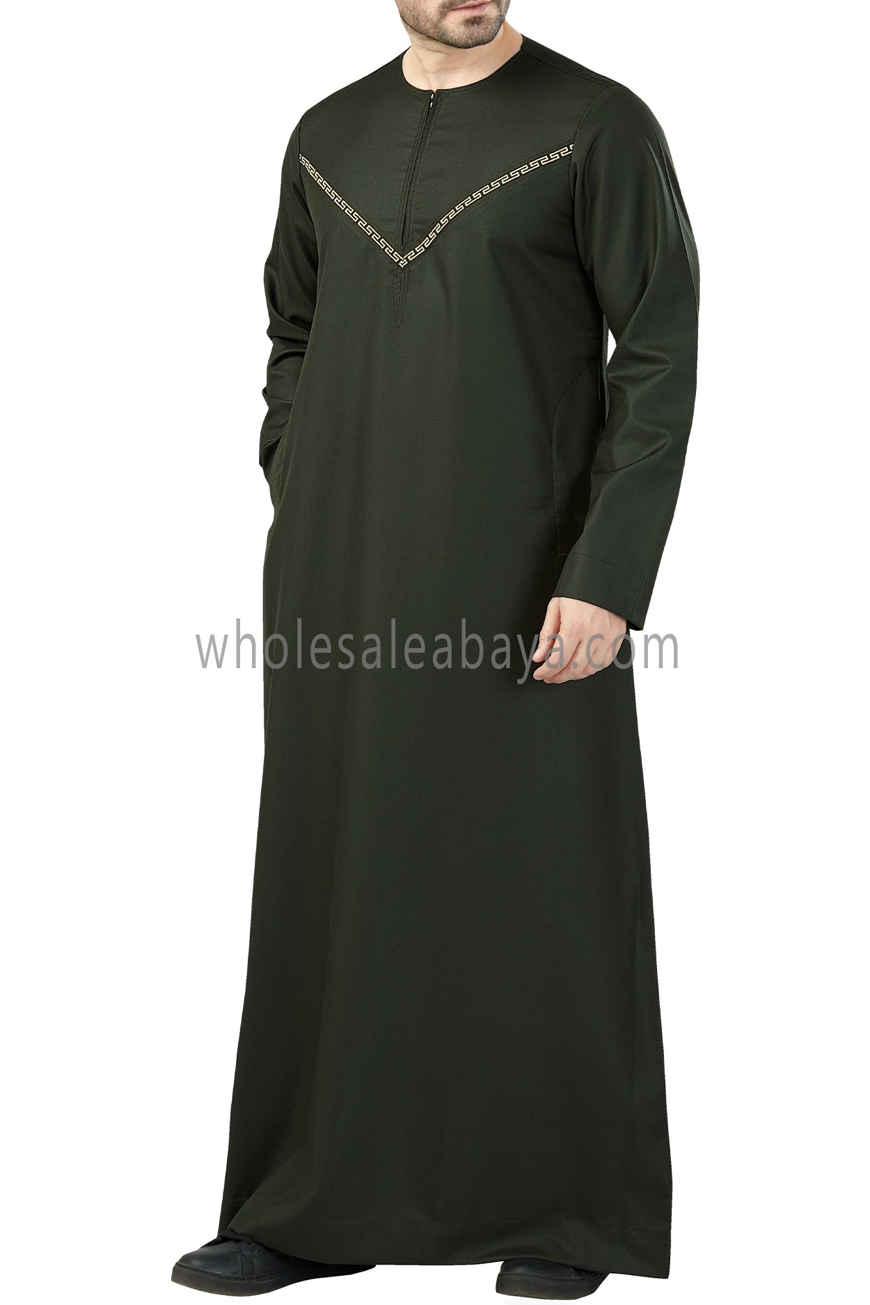 Premium Quality Omani Thoubes with Embroidered "V" Stitching Dark Green and Gold