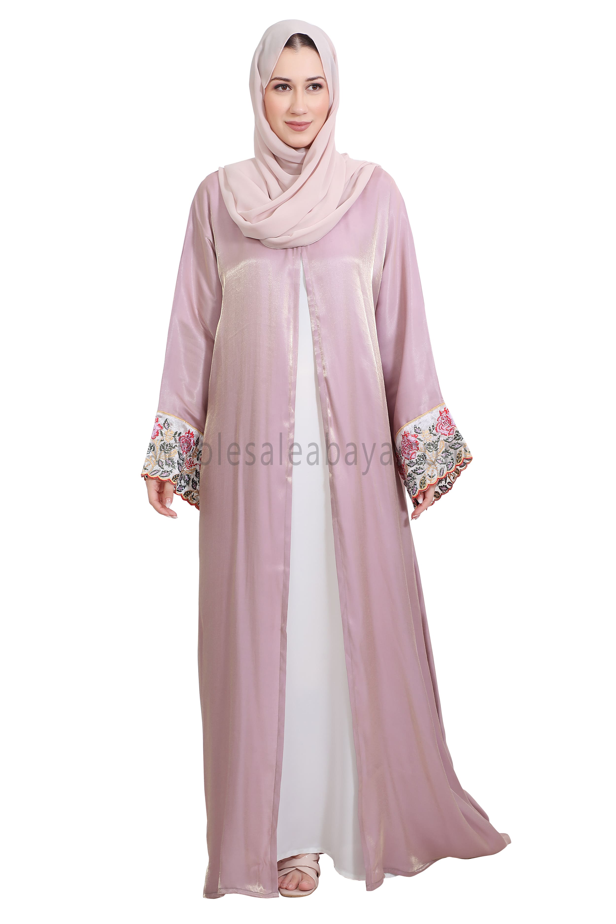 Shimmer Open Abaya With Embellished Lace on the Sleeves
