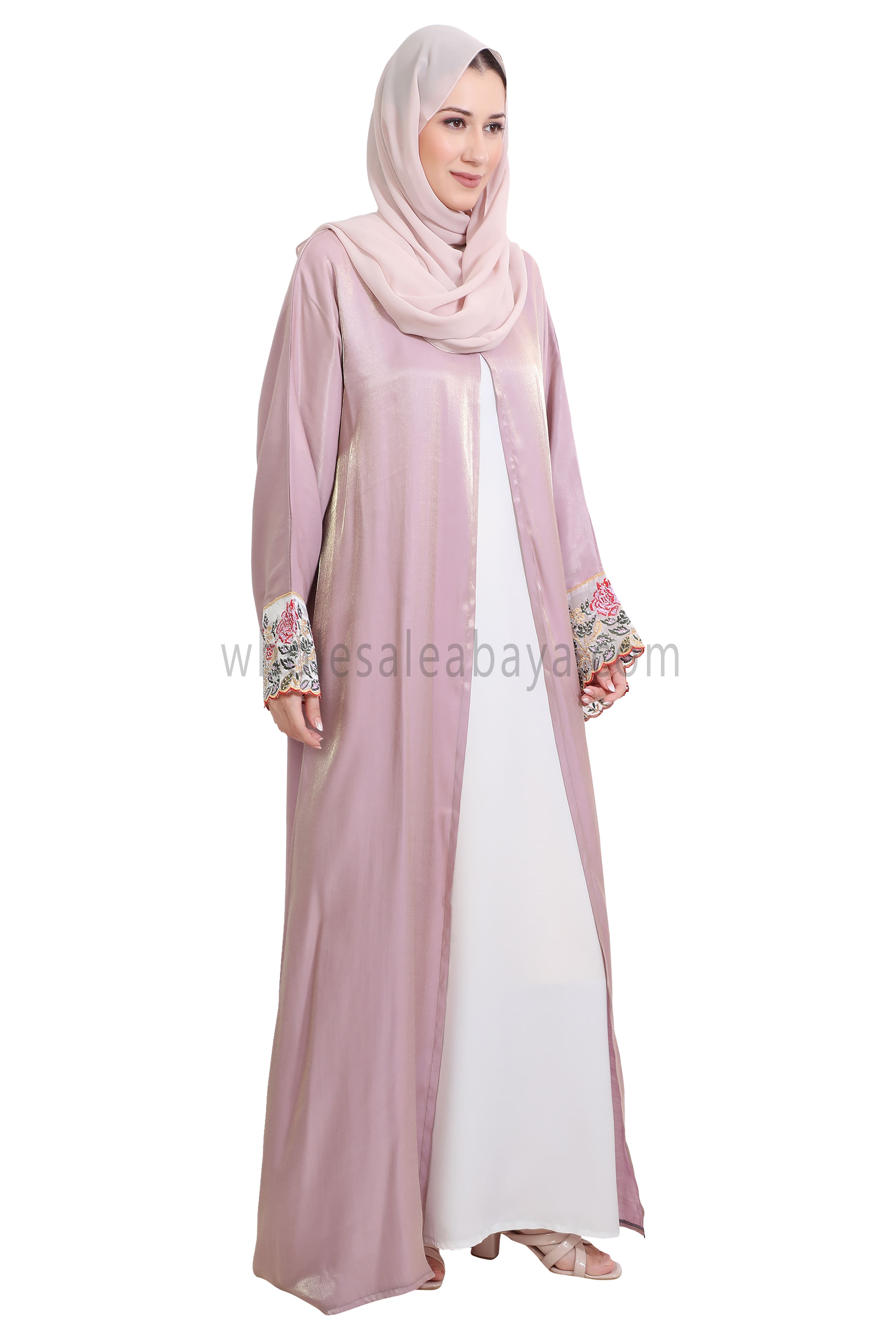 Shimmer Open Abaya With Embellished Lace on the Sleeves