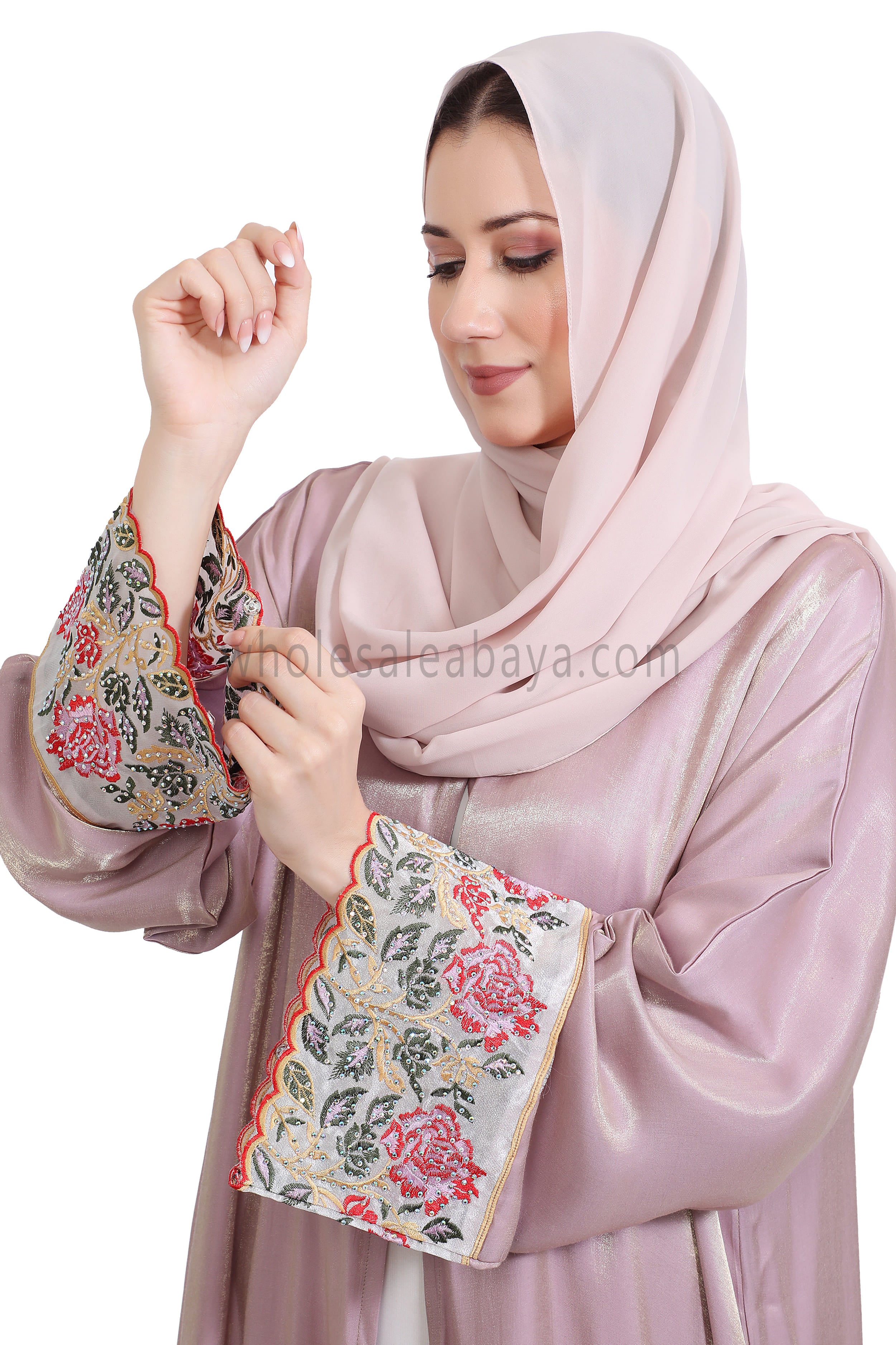 Shimmer Open Abaya With Embellished Lace on the Sleeves