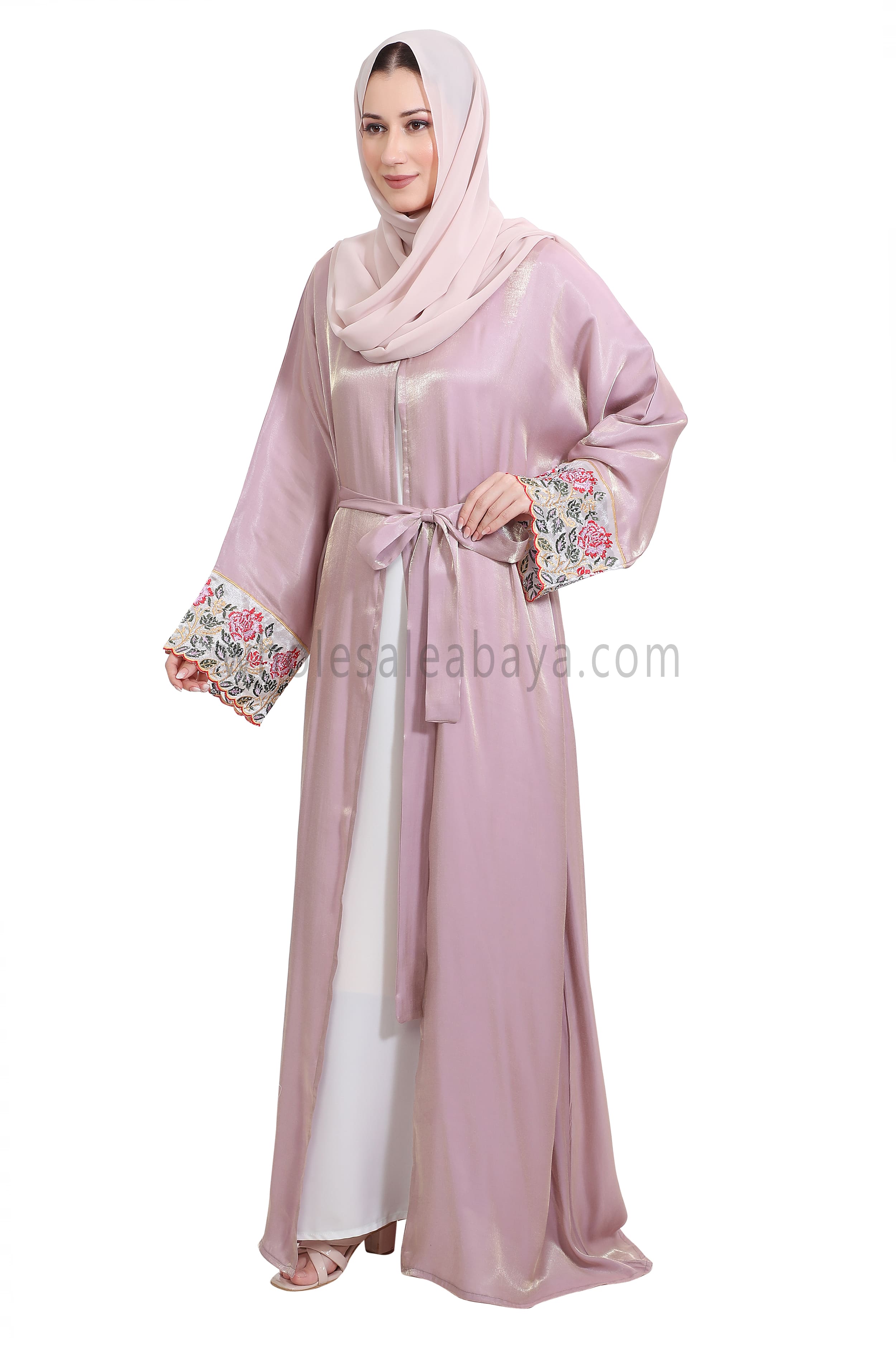 Shimmer Open Abaya With Embellished Lace on the Sleeves