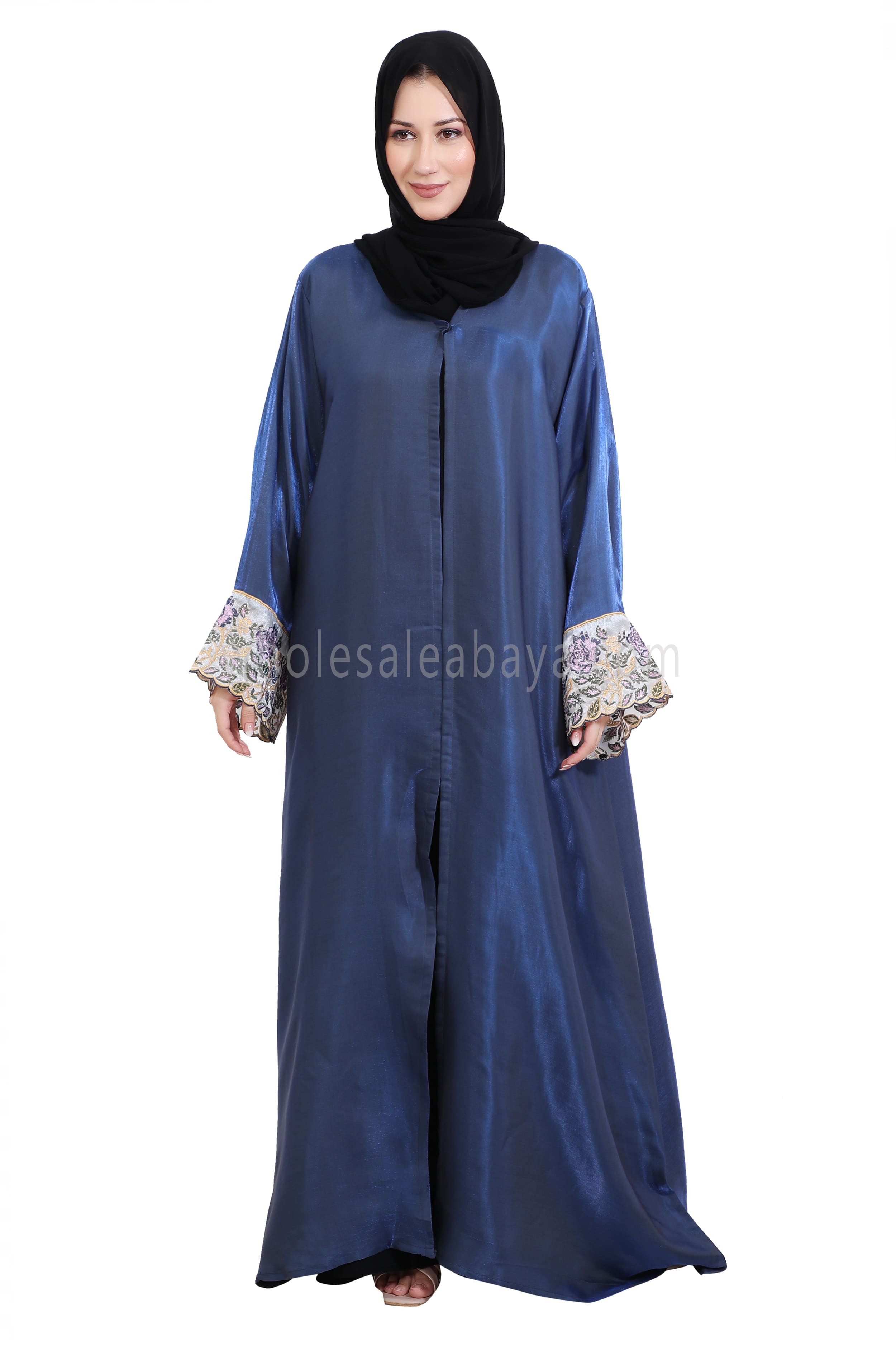 Shimmer Open Abaya With Embellished Lace on the Sleeves