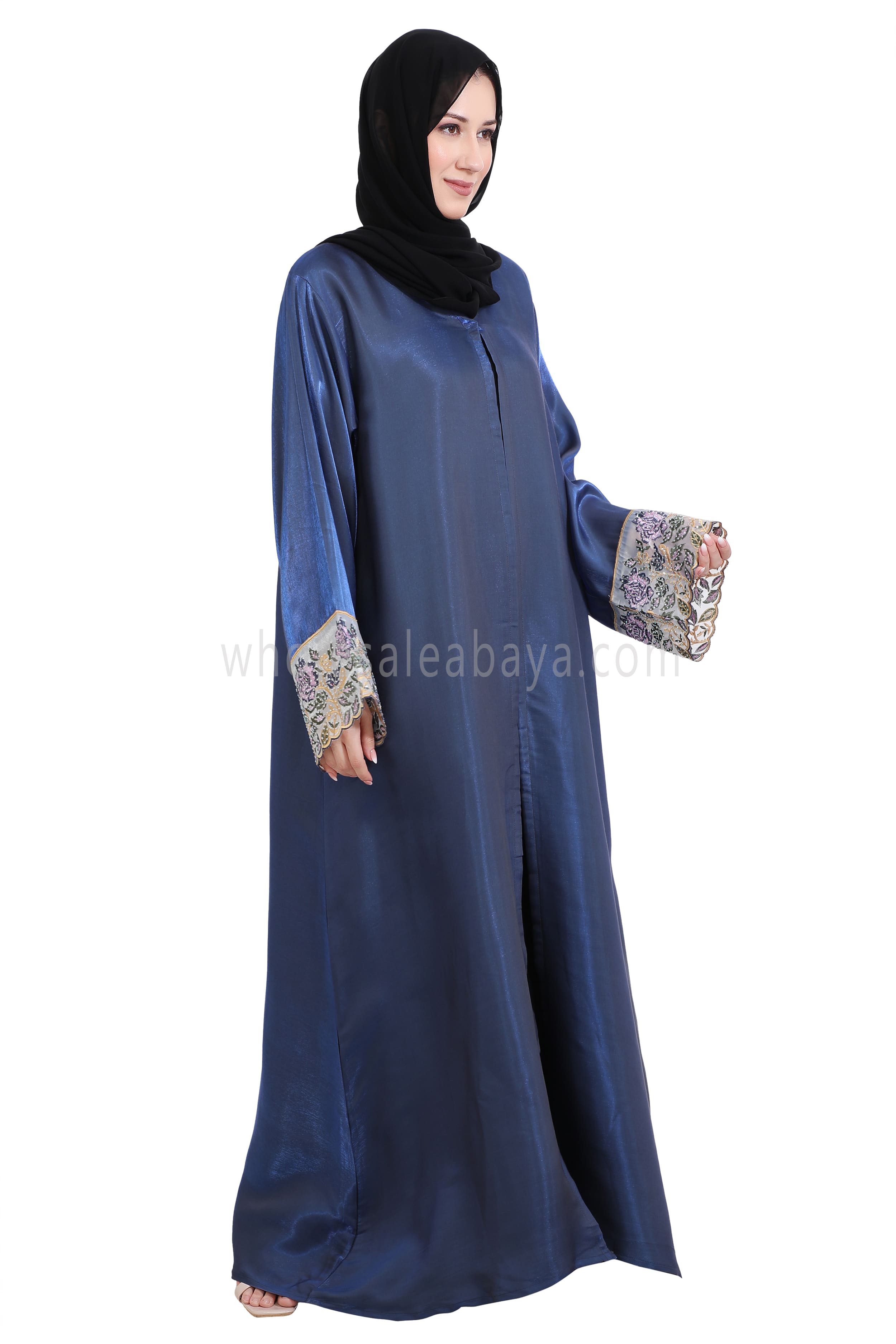 Shimmer Open Abaya With Embellished Lace on the Sleeves