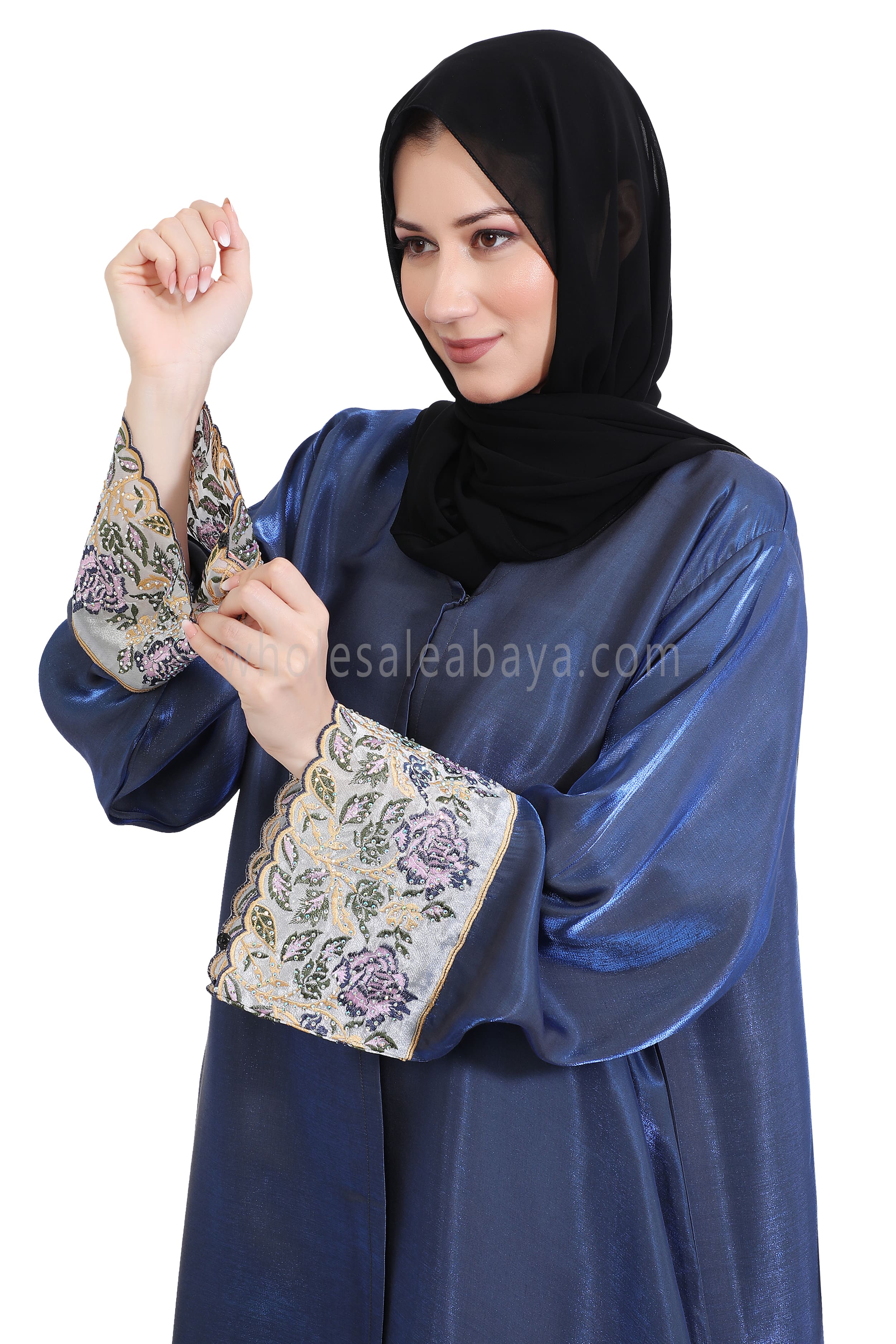 Shimmer Open Abaya With Embellished Lace on the Sleeves