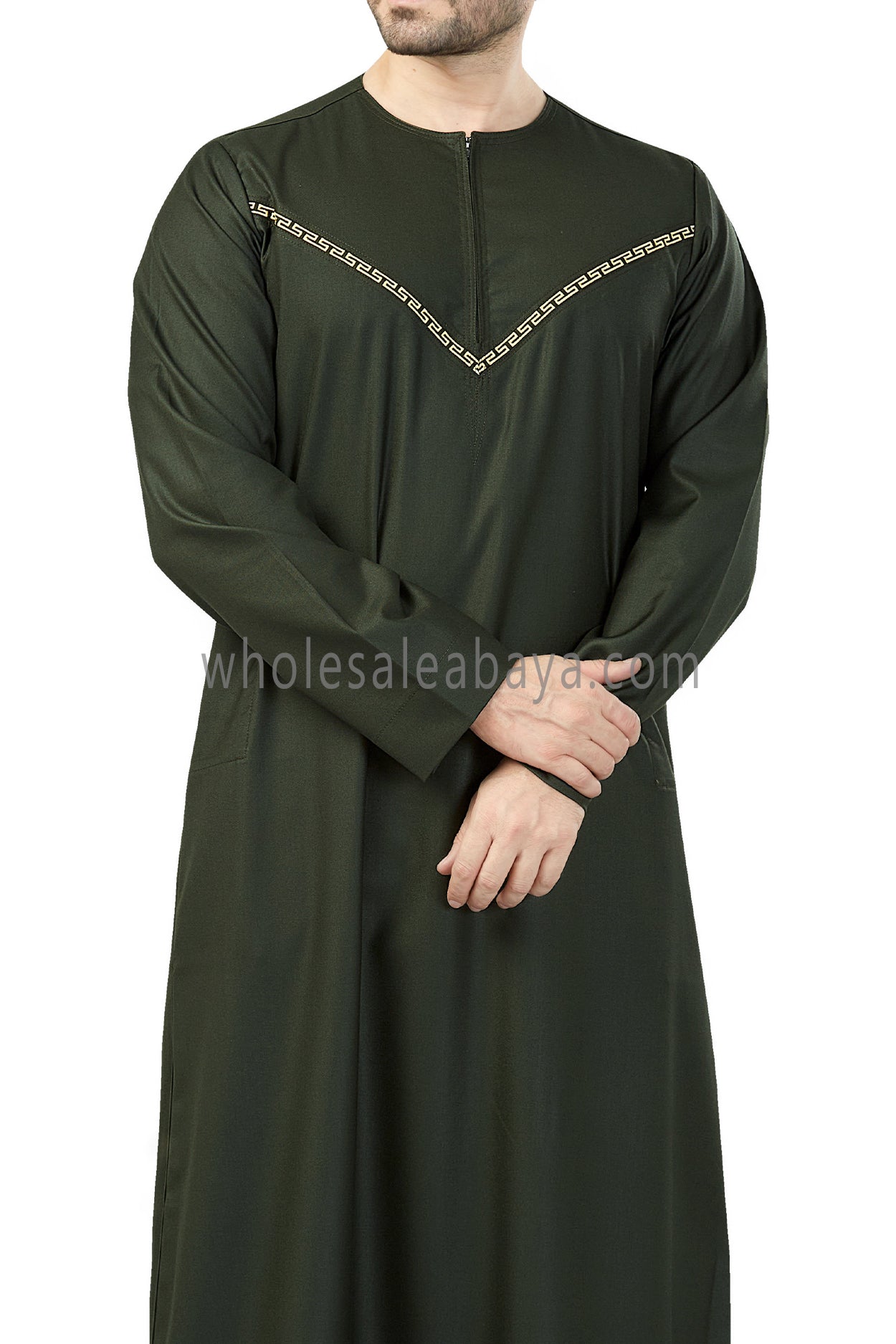 Premium Quality Omani Thoubes with Embroidered "V" Stitching Dark Green and Gold