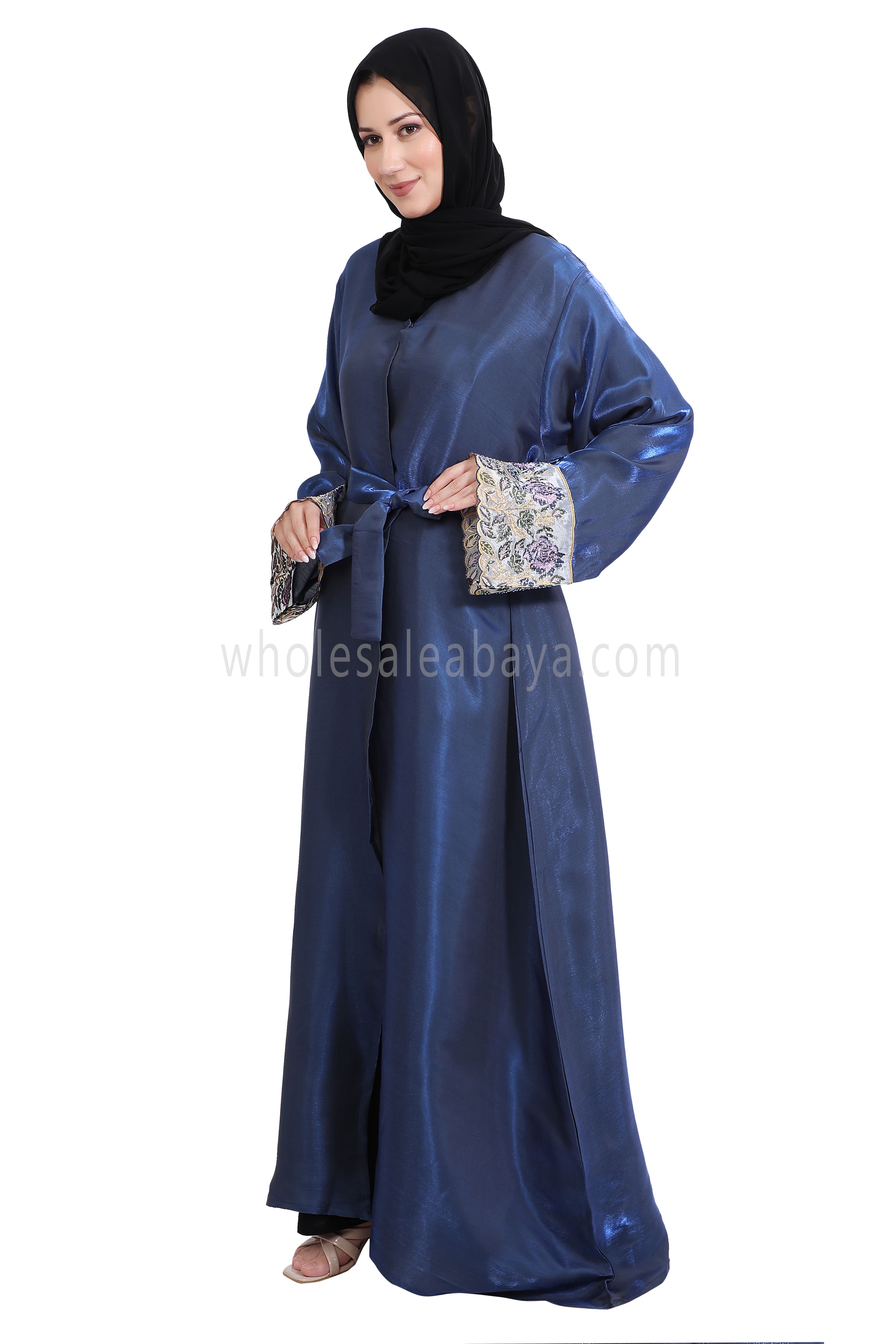 Shimmer Open Abaya With Embellished Lace on the Sleeves