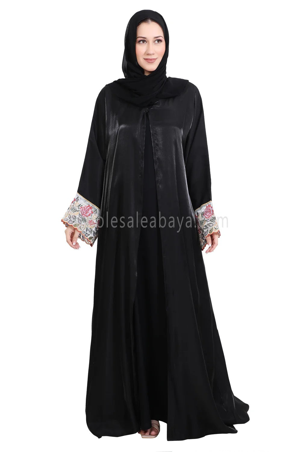 Shimmer Open Abaya With Embellished Lace on the Sleeves