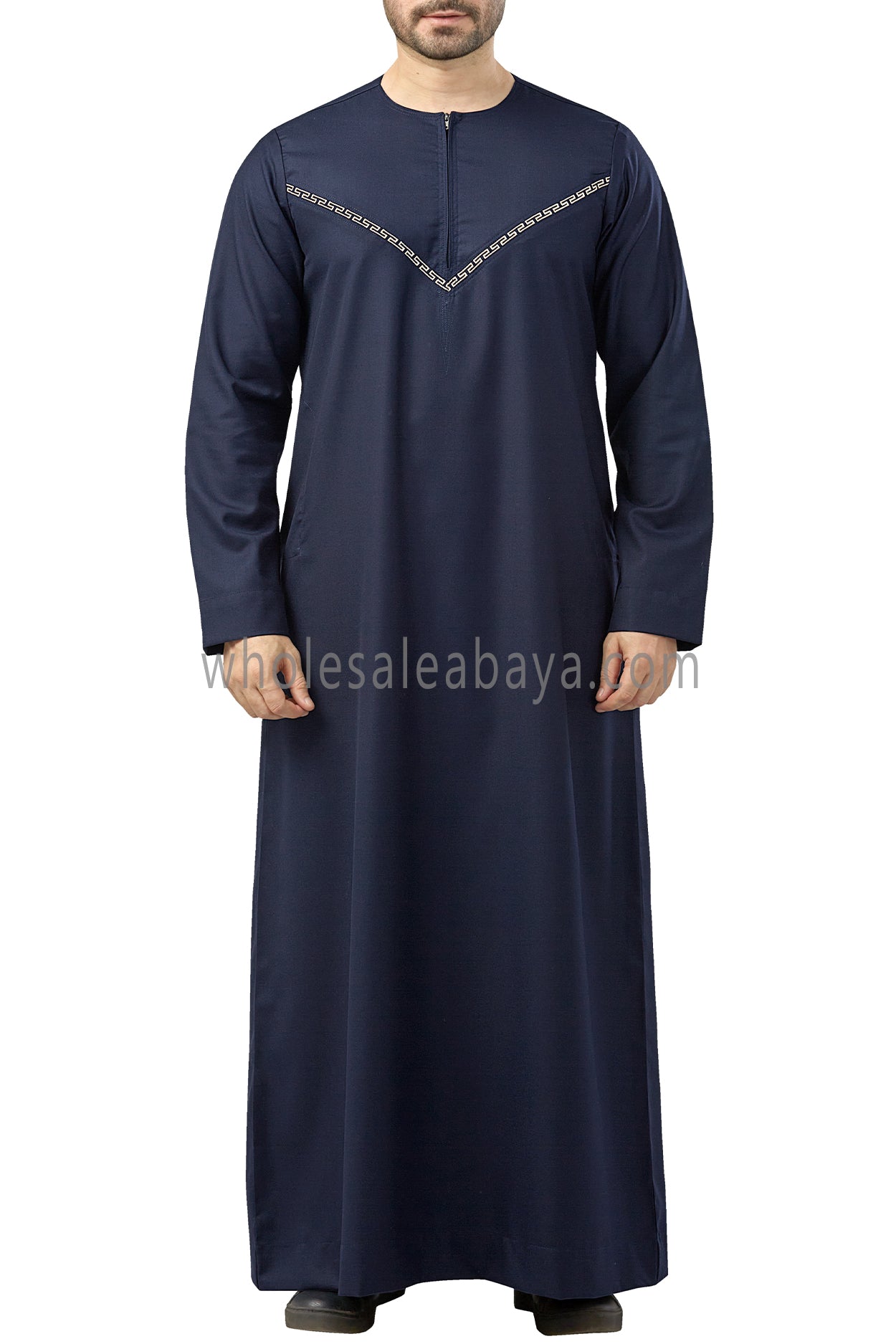 Premium Omani Thoubes with Embroidered "V" Stitching Navy Blue and Gold