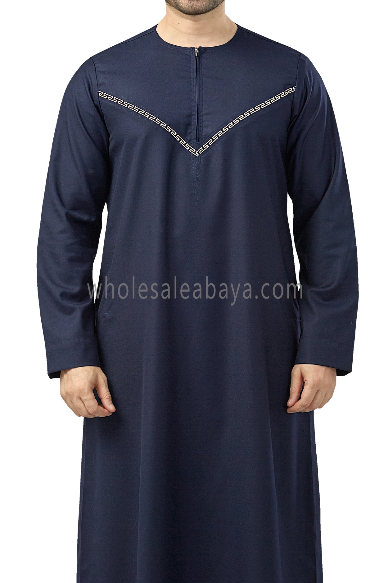 Premium Omani Thoubes with Embroidered "V" Stitching Navy Blue and Gold