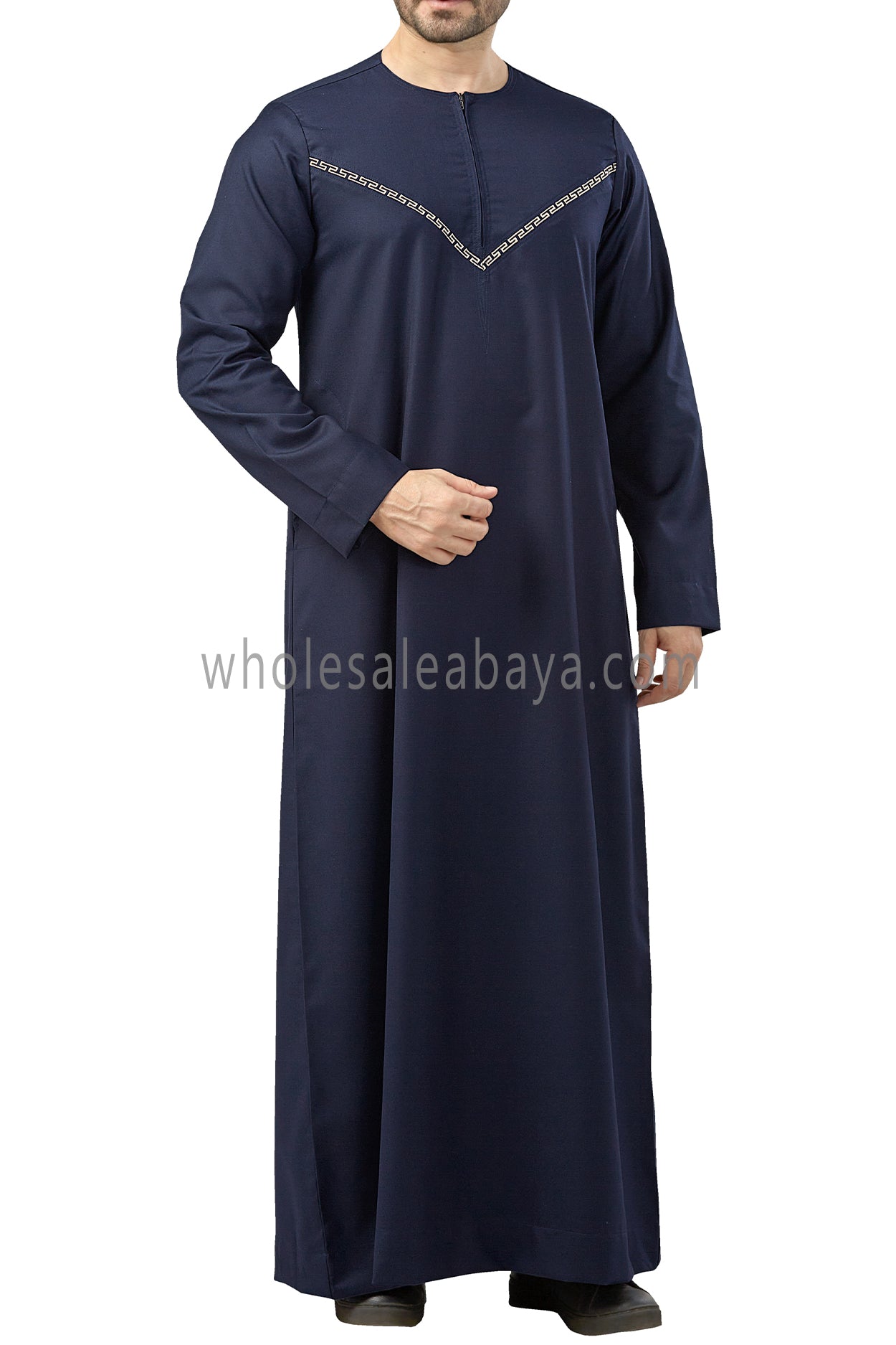 Premium Omani Thoubes with Embroidered "V" Stitching Navy Blue and Gold