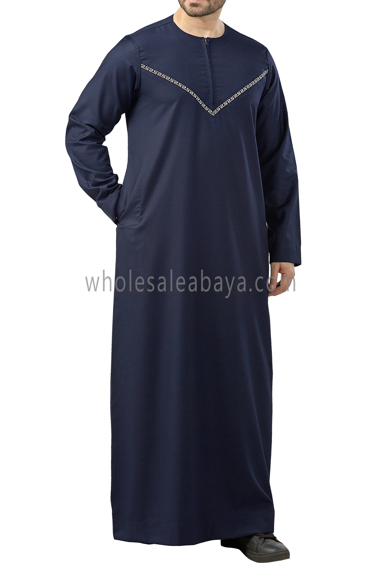 Premium Omani Thoubes with Embroidered "V" Stitching Navy Blue and Gold