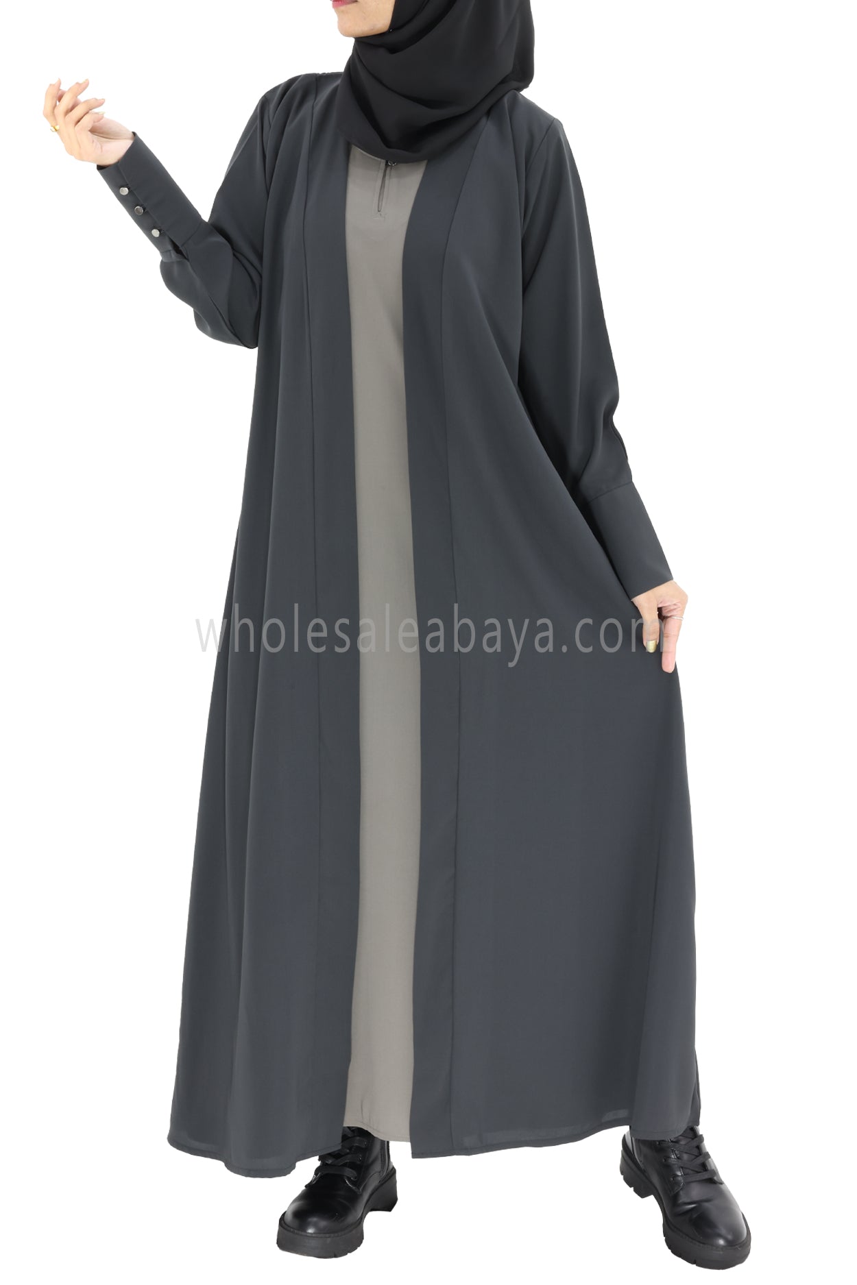 2 In One Front Open Abaya With Inner Slip Dress Silver Grey Colour