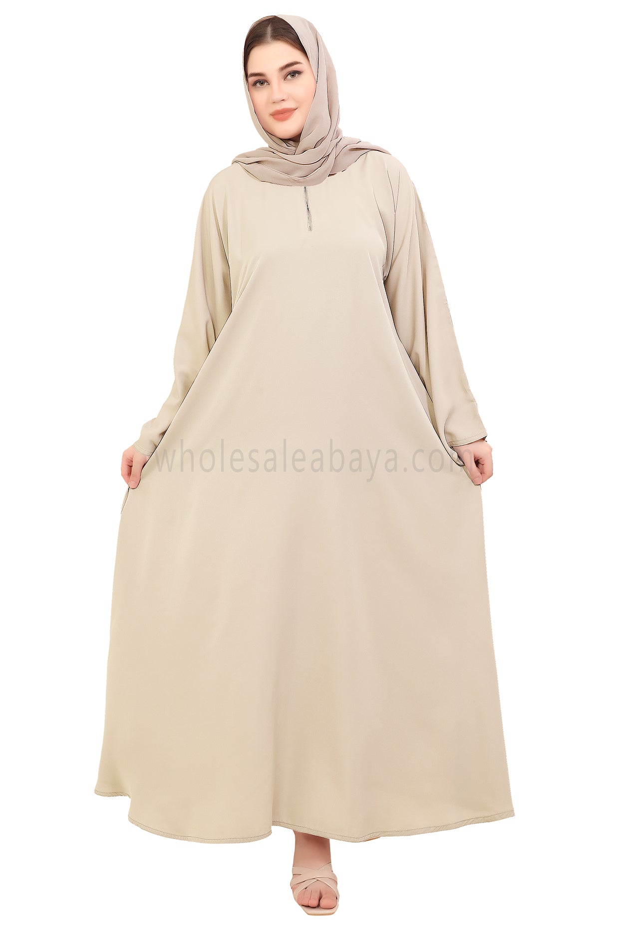 Plain Closed Abaya with Wide Sleeves 30418 Ivory