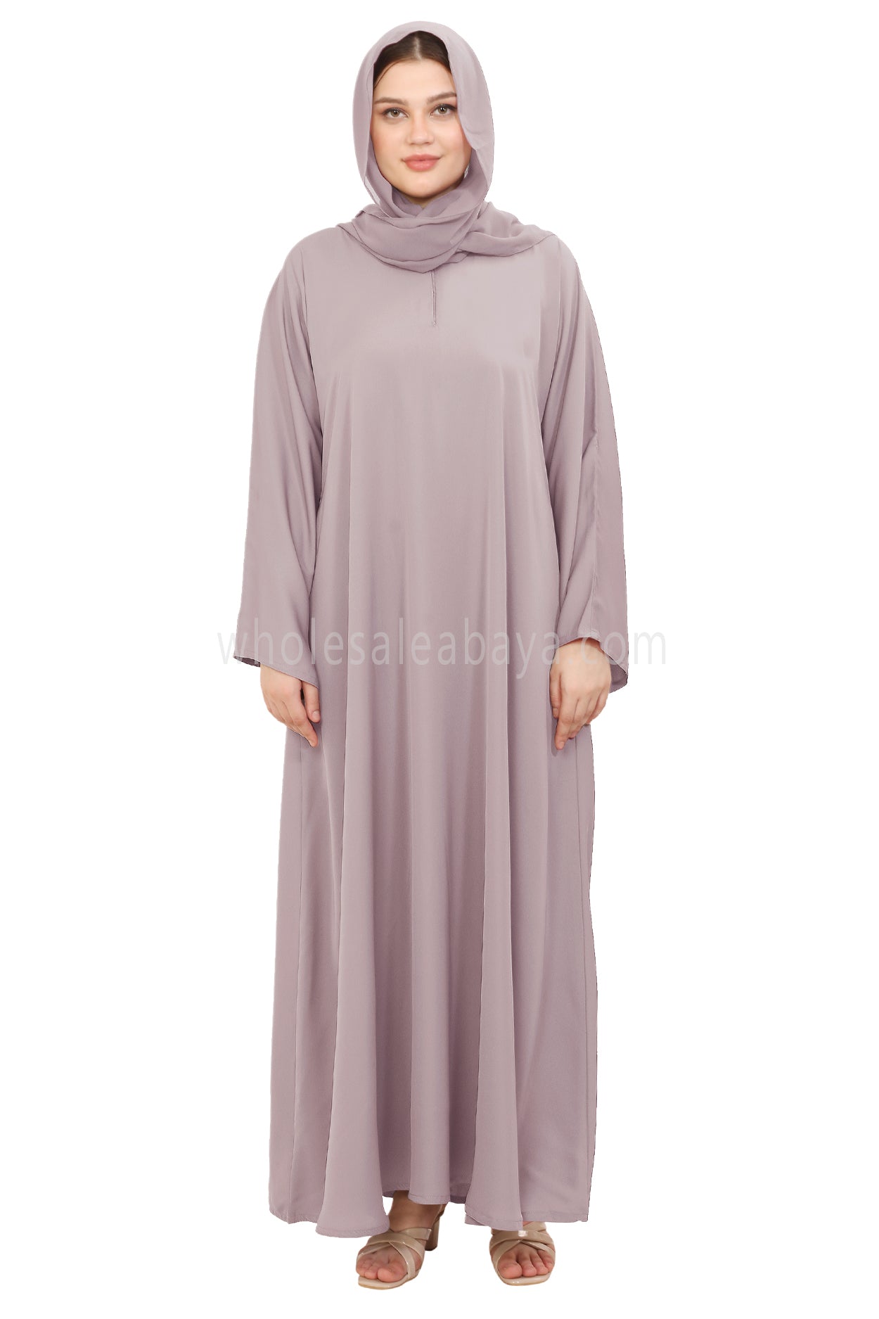 Plain Closed Abaya with Wide Sleeves 30418 Lilac Grey