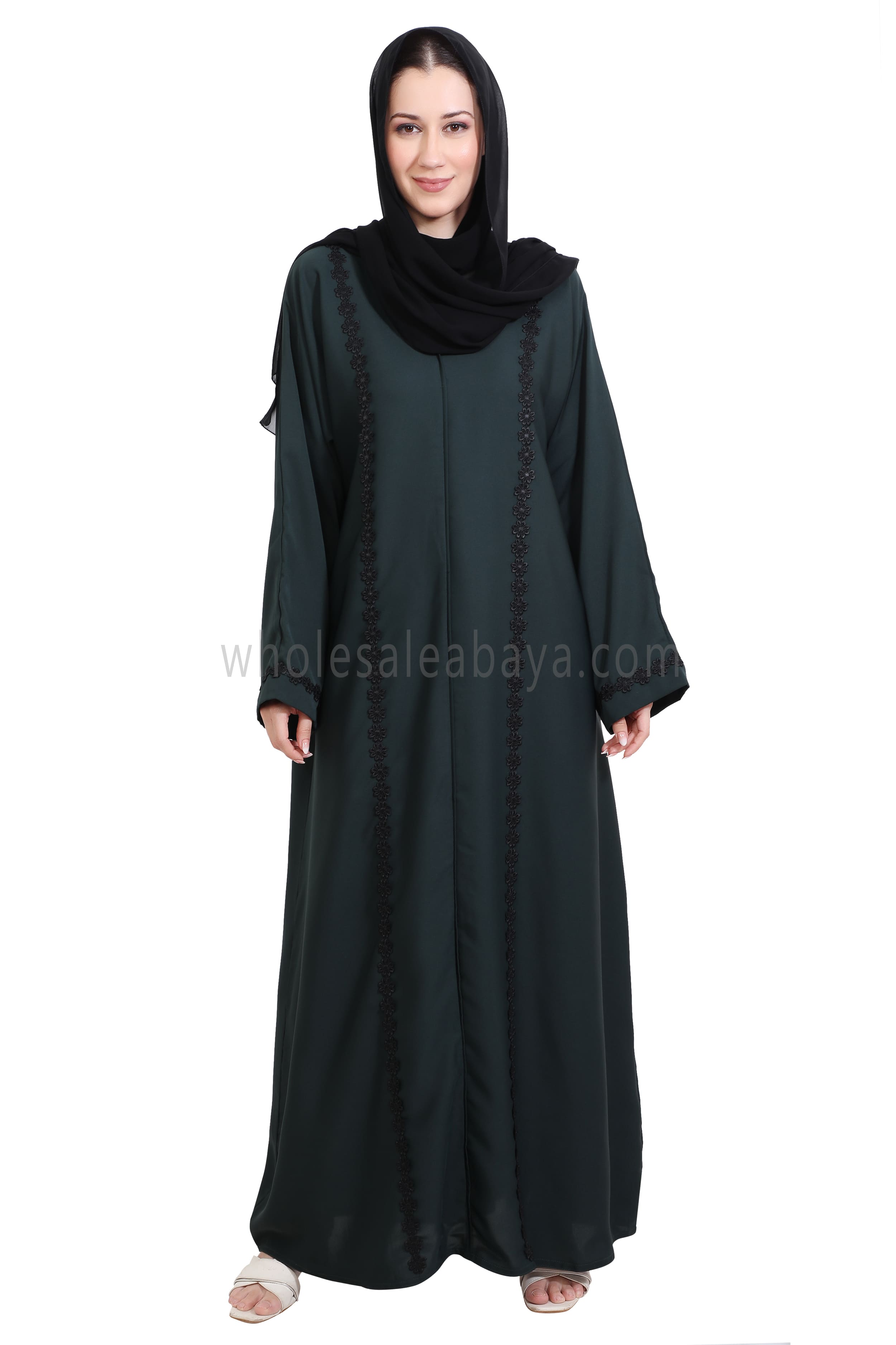 Closed Straight Cut Abaya in Black Lace Detailing