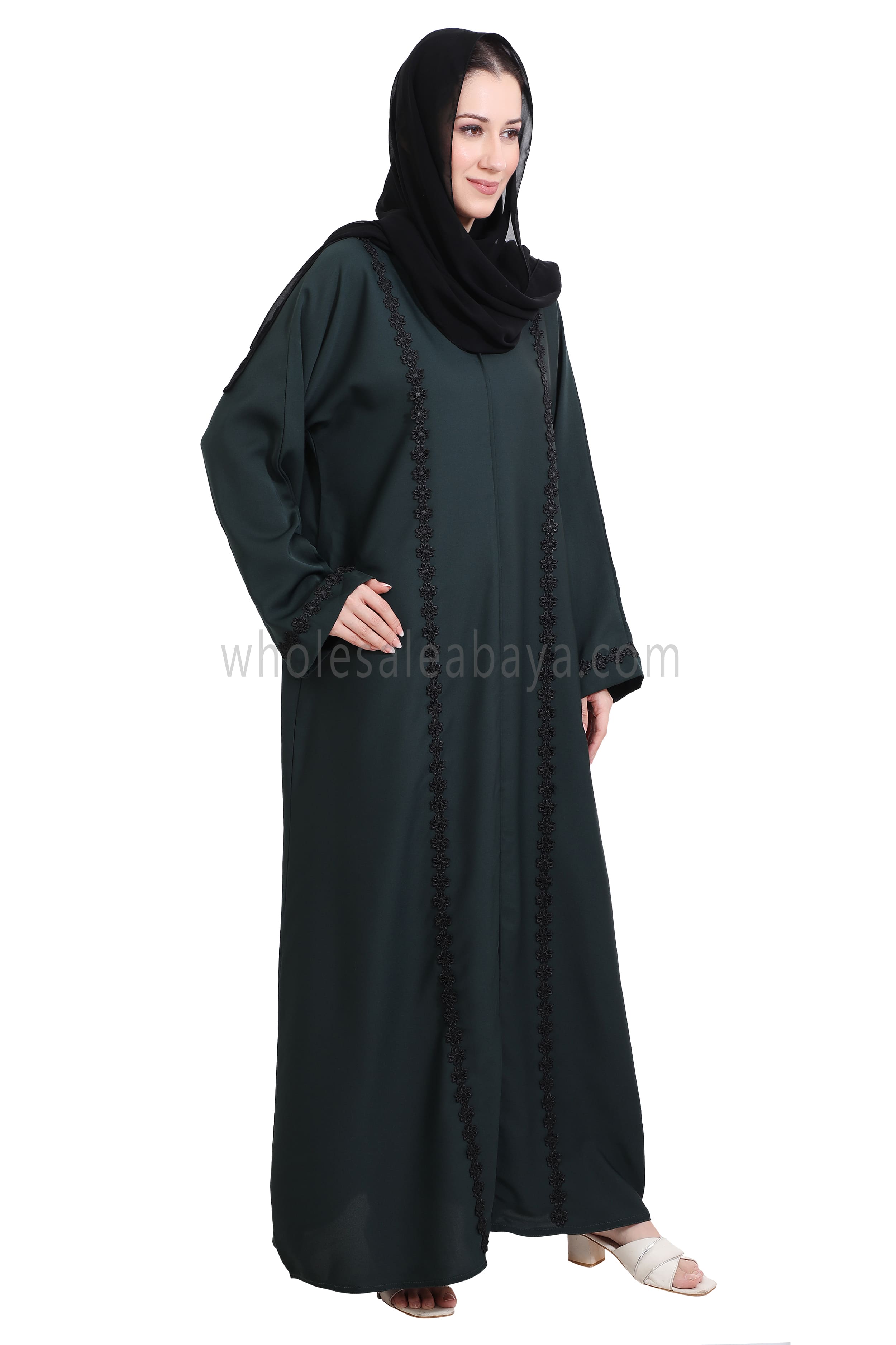 Closed Straight Cut Abaya in Black Lace Detailing