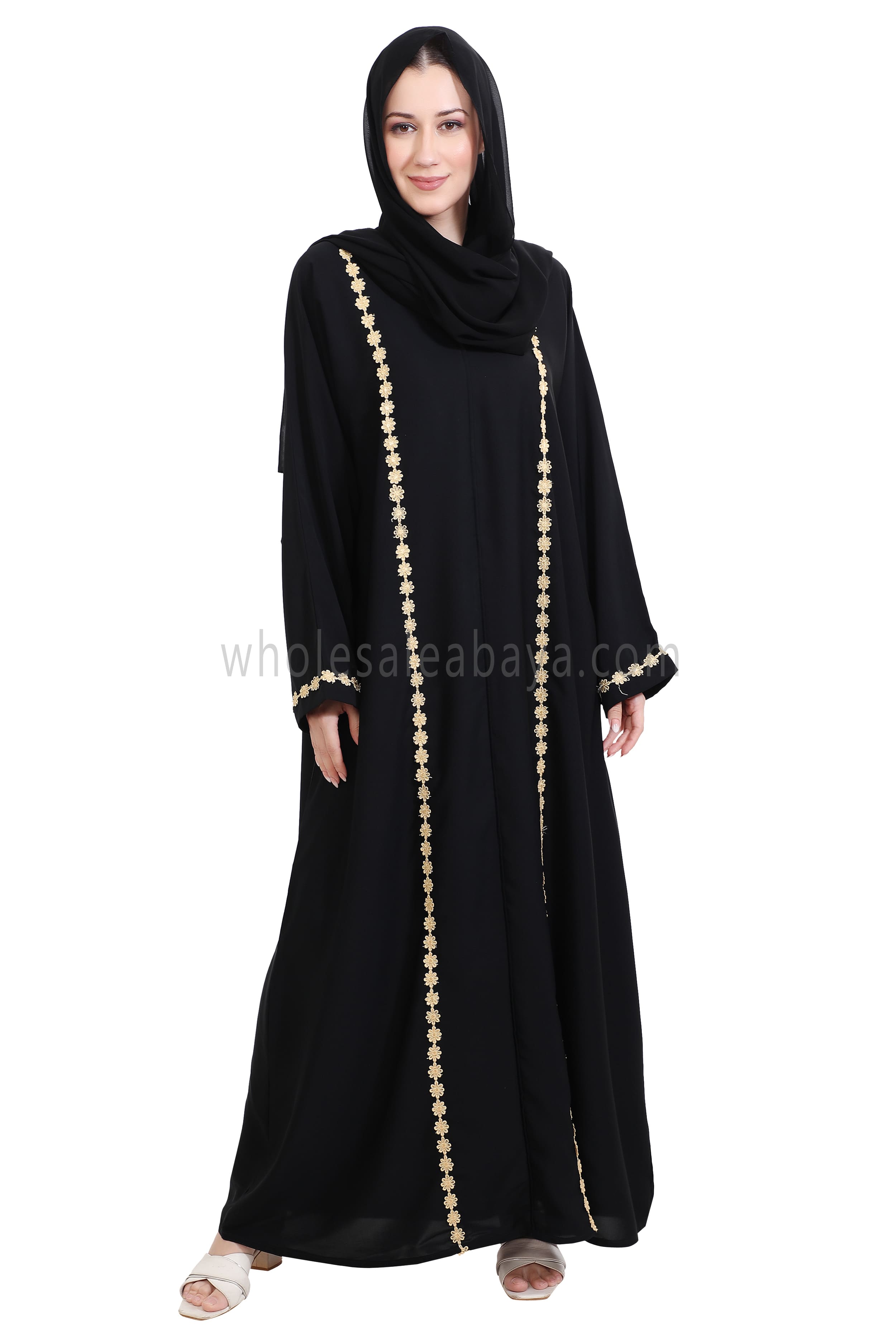 Closed Straight Cut Abaya in Gold Lace Detailing