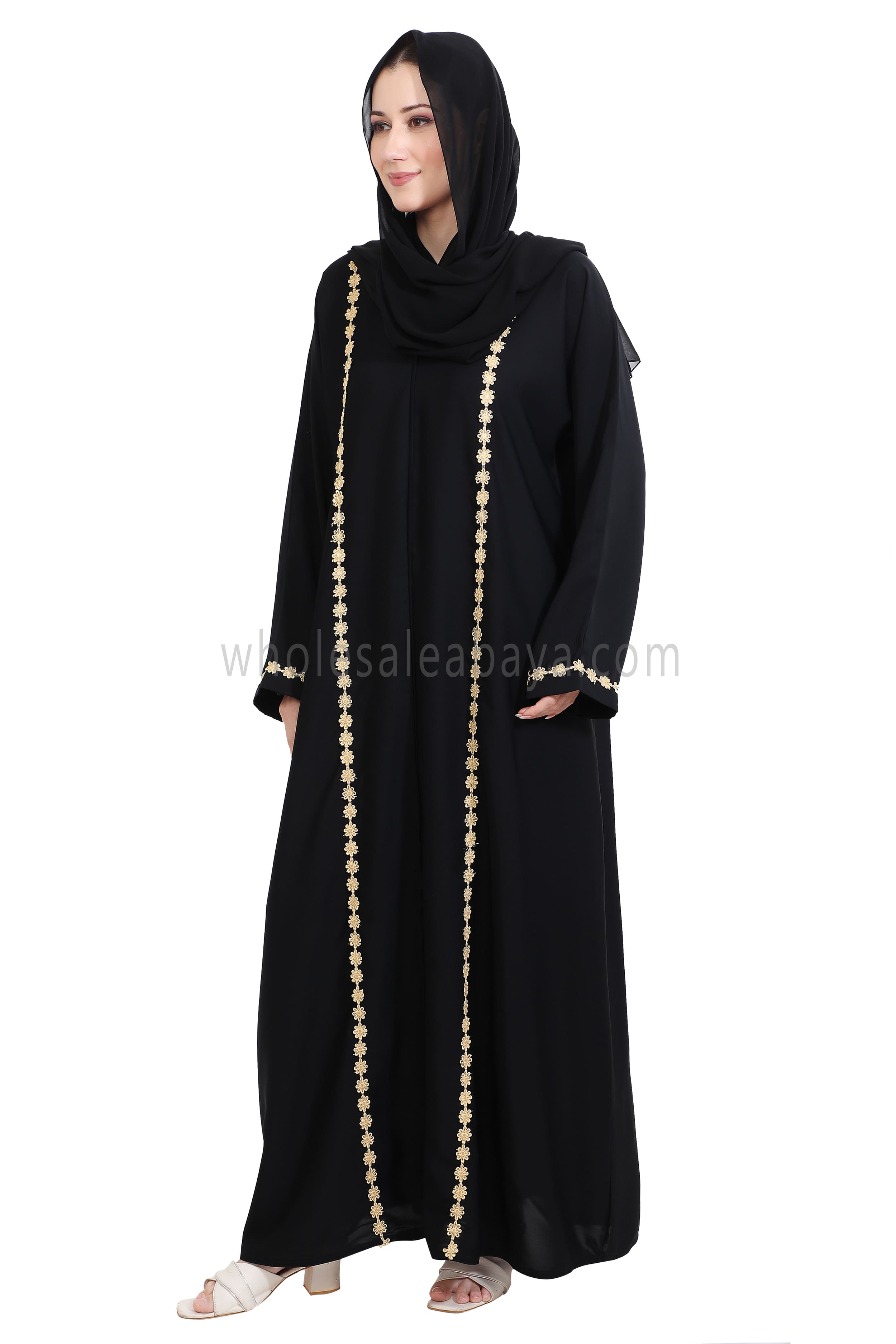 Closed Straight Cut Abaya in Gold Lace Detailing