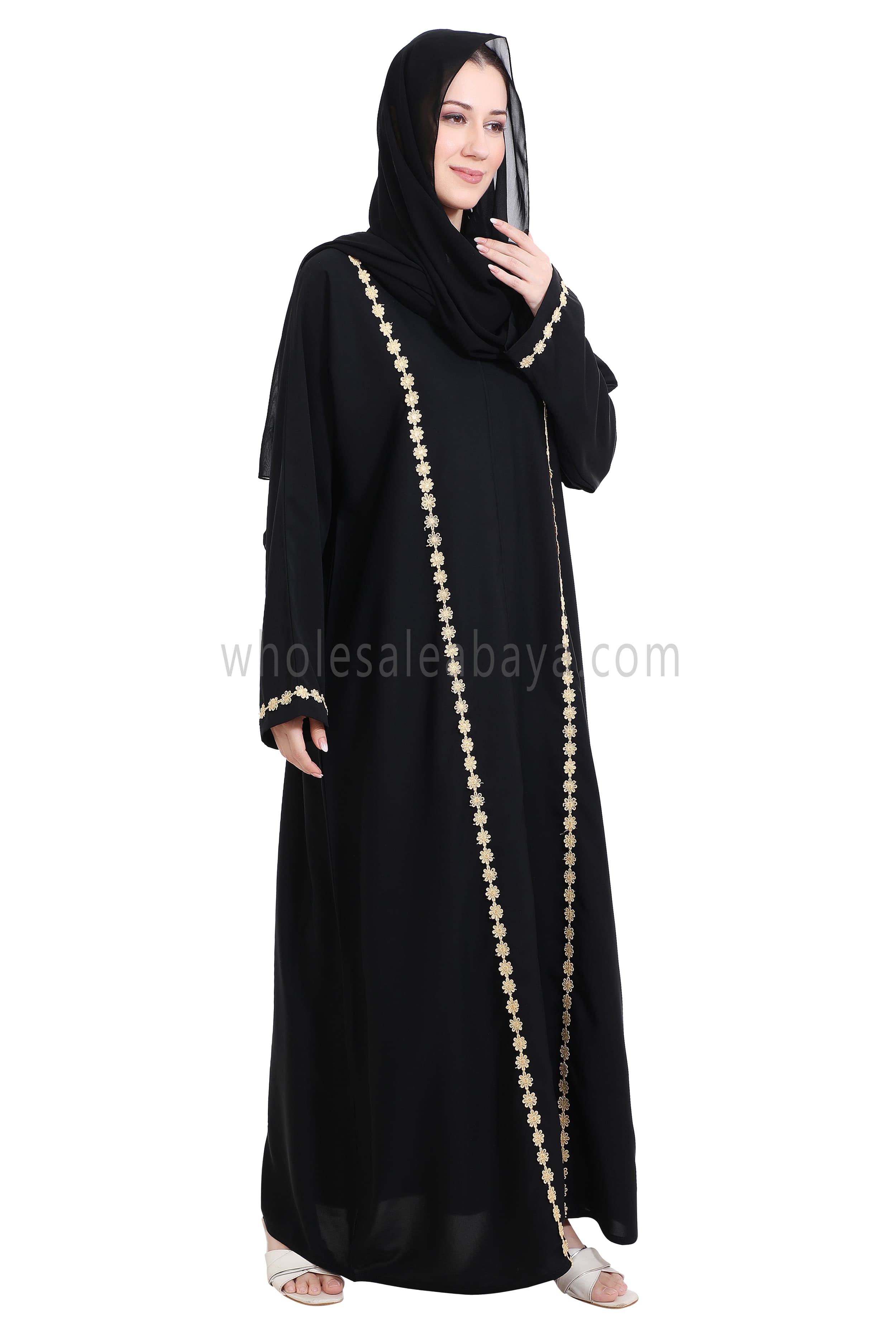 Closed Straight Cut Abaya in Gold Lace Detailing
