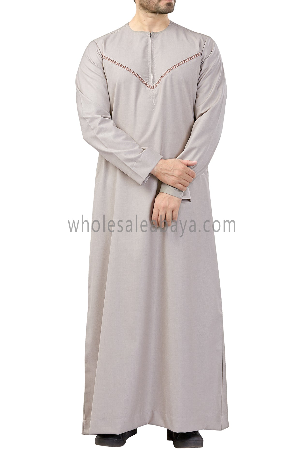 Premium Omani Thoubes with Embroidered "V" Stitching Stone Beige