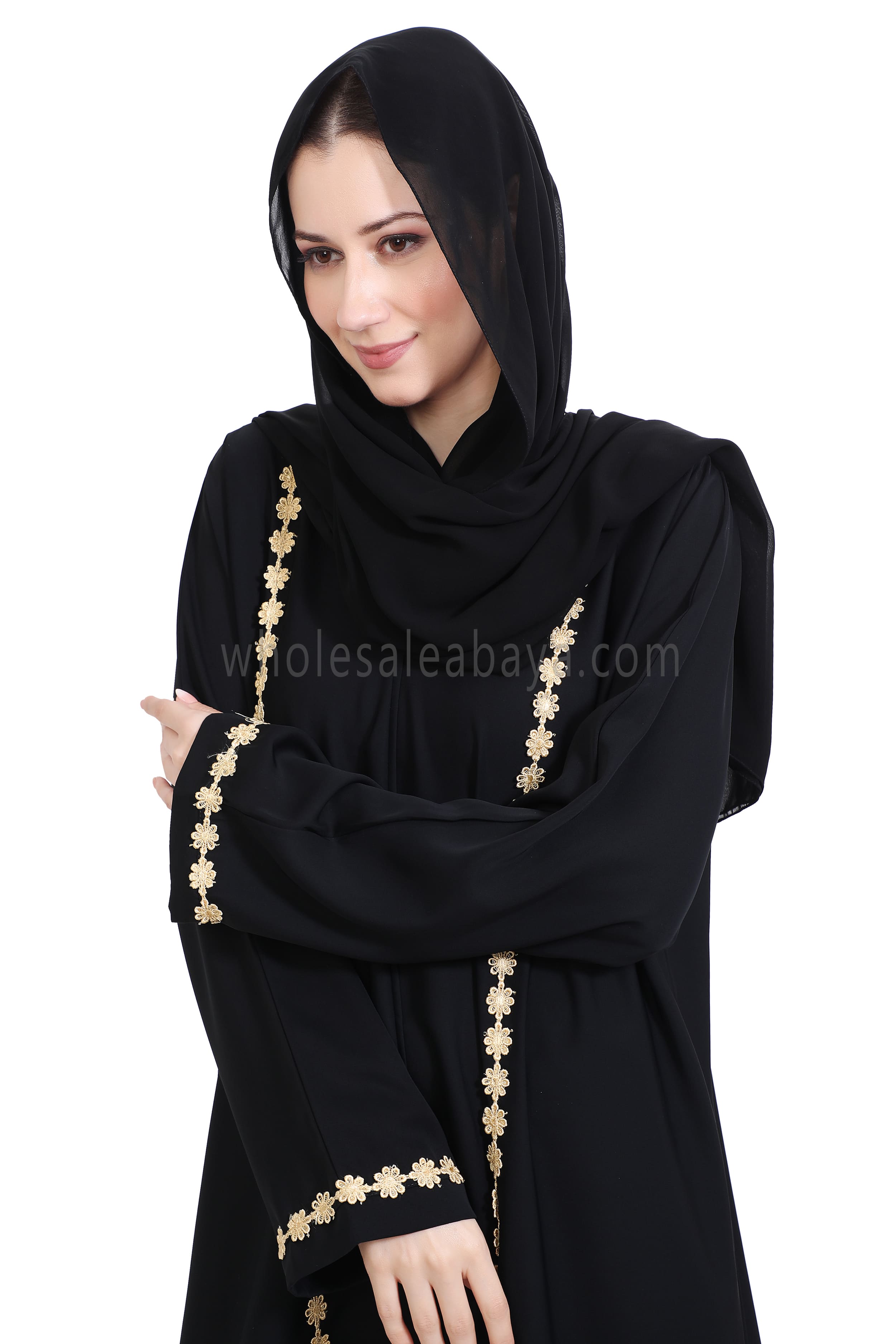 Closed Straight Cut Abaya in Gold Lace Detailing