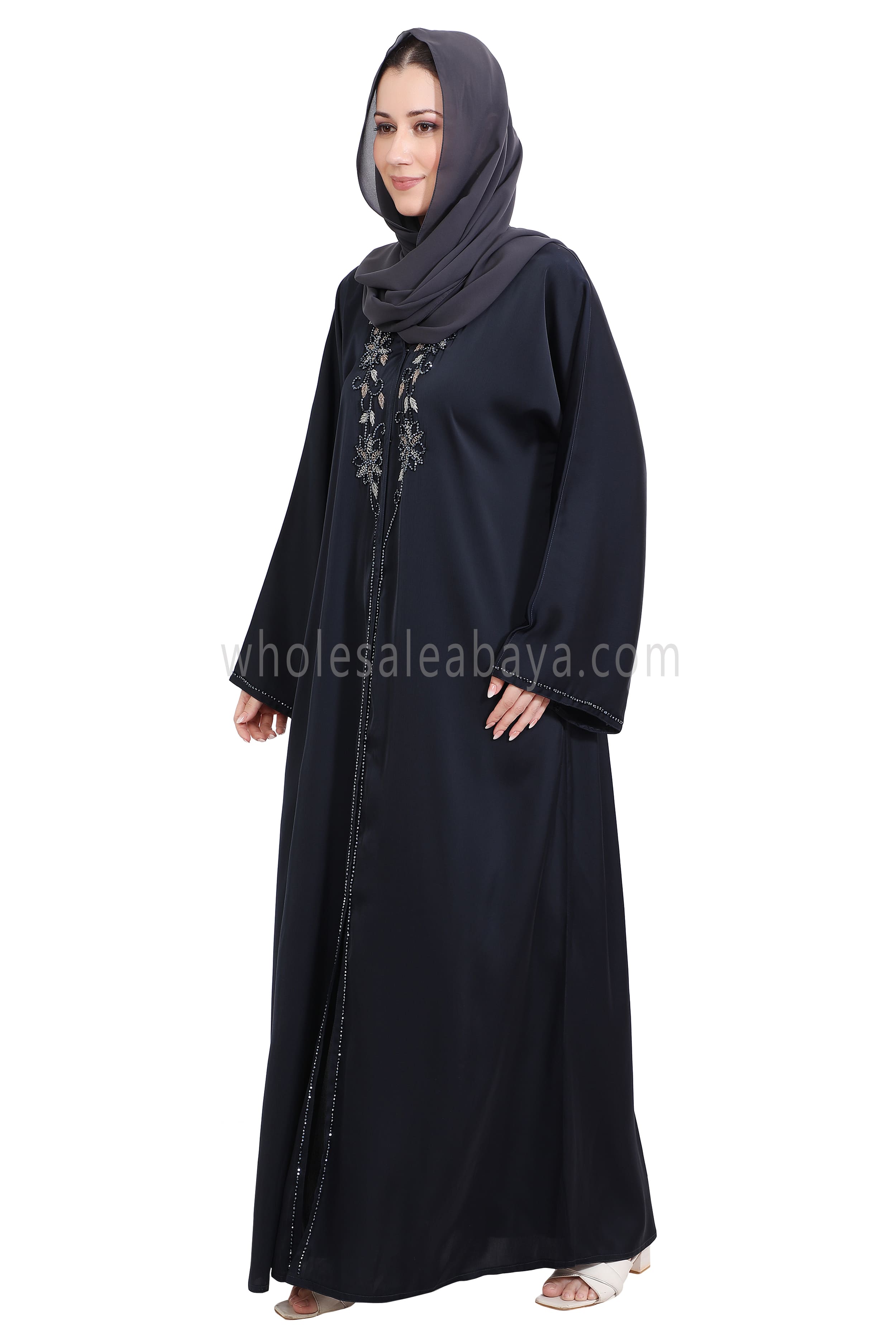 Open Abaya Style With Floral Vine Handwork