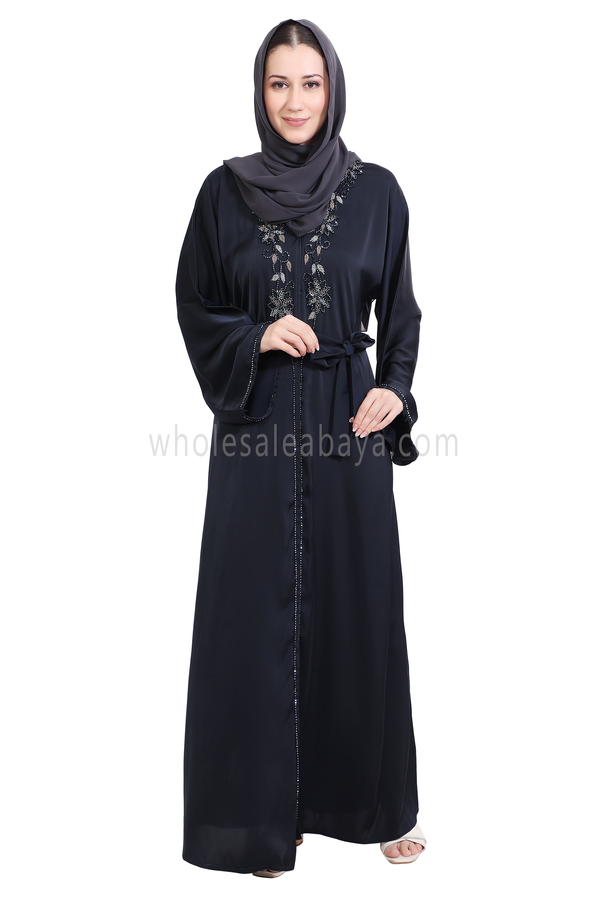 Open Abaya Style With Floral Vine Handwork