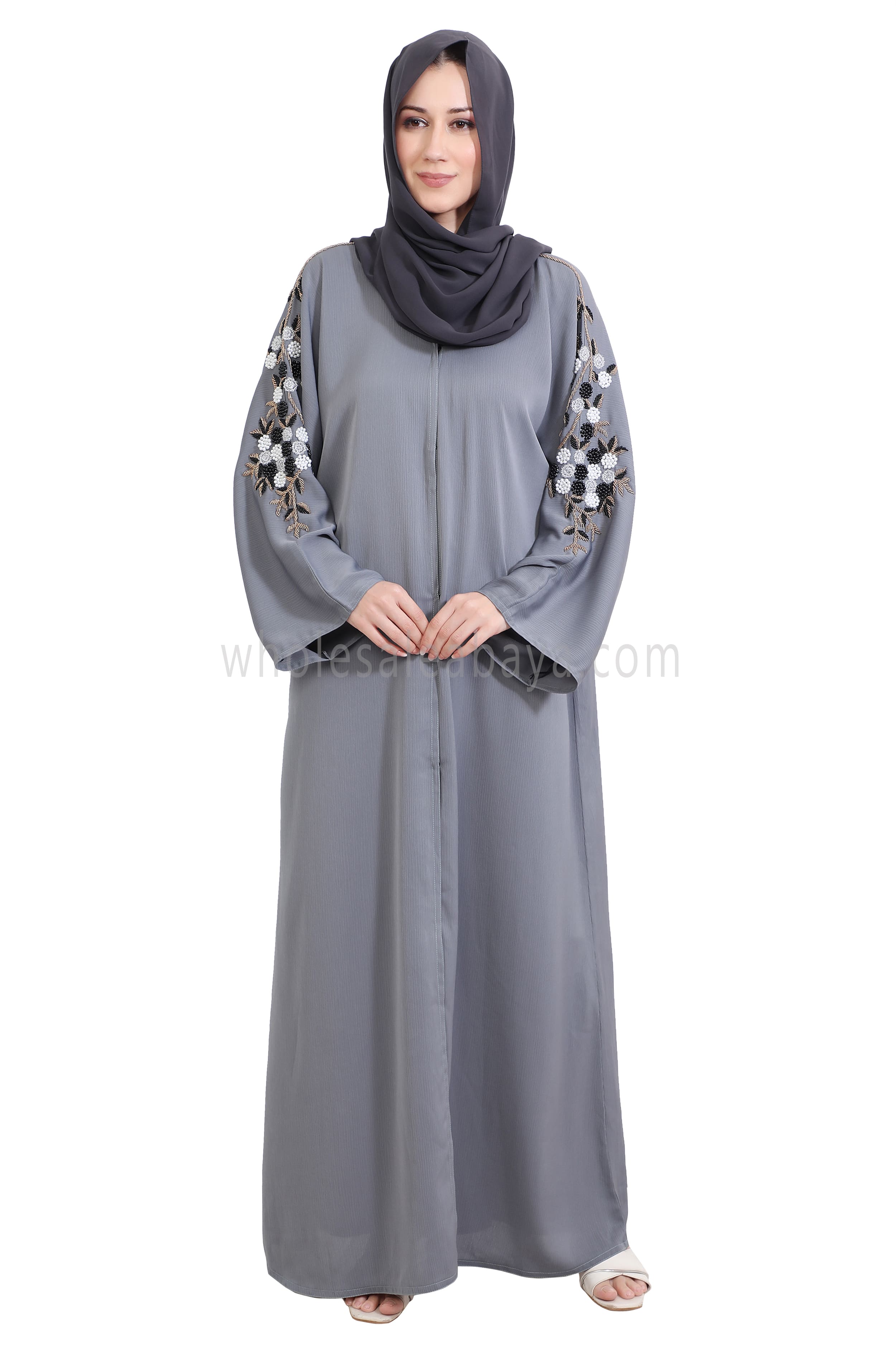 Open Abaya Style With Floral and Leaf Handwork