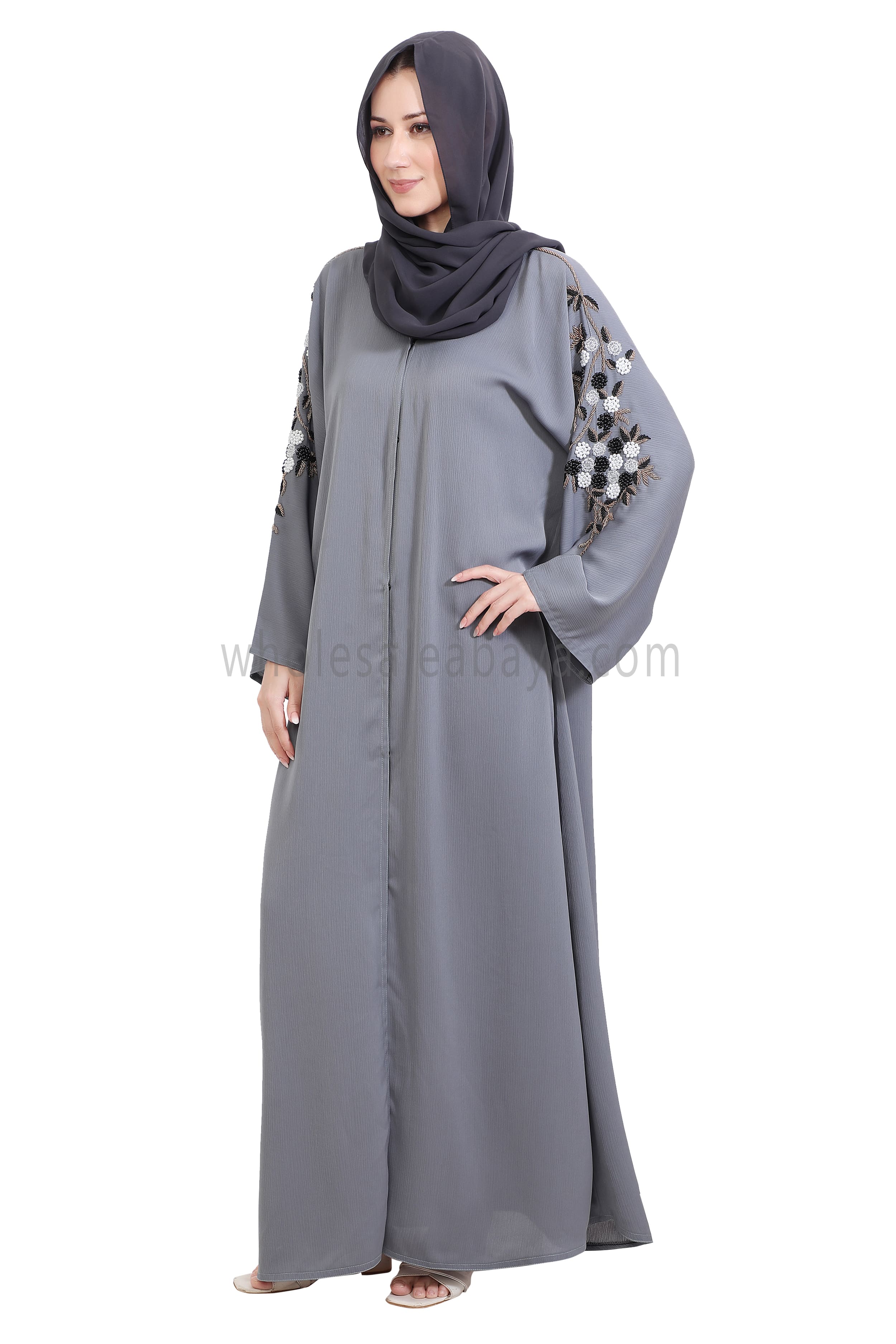 Open Abaya Style With Floral and Leaf Handwork