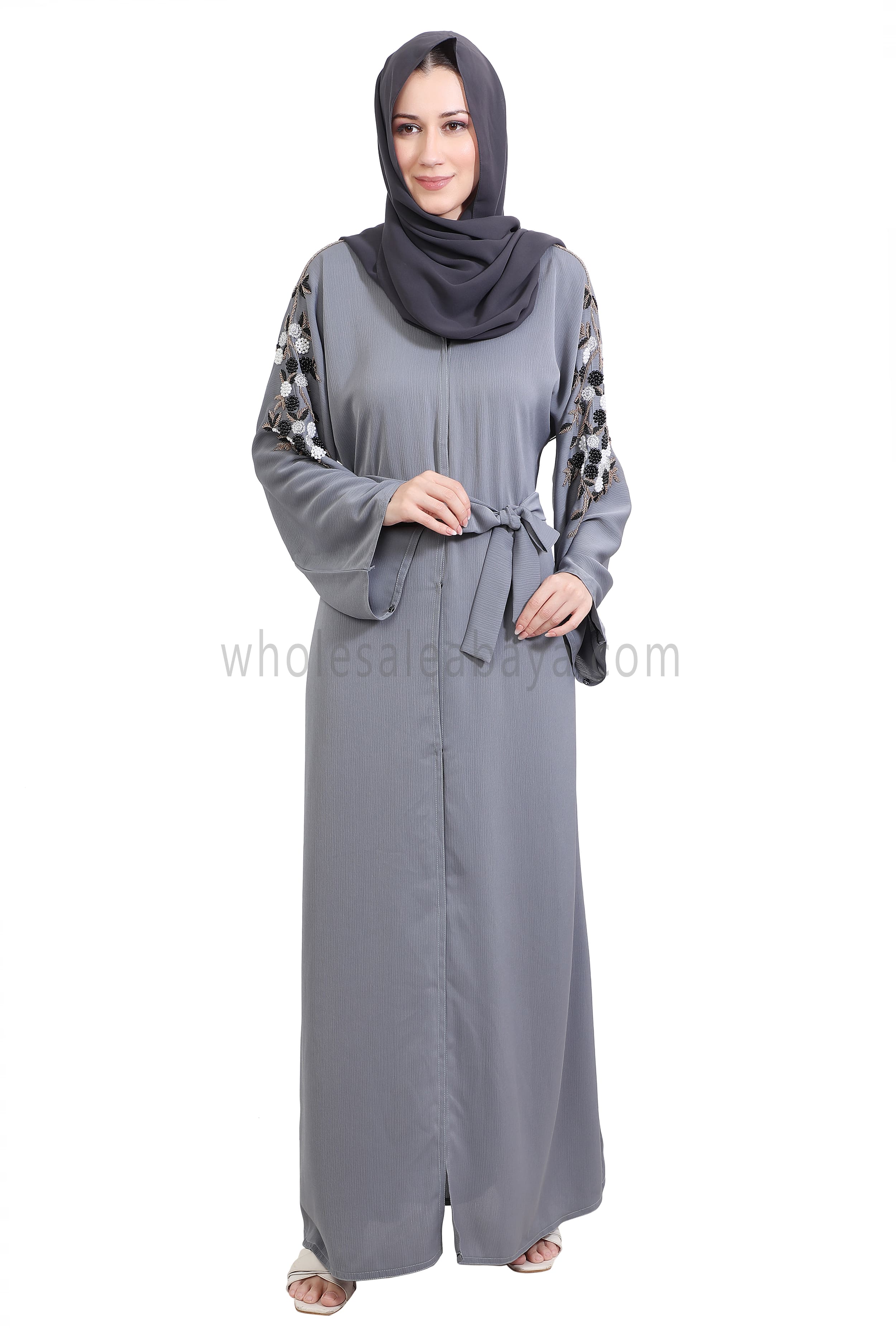 Open Abaya Style With Floral and Leaf Handwork