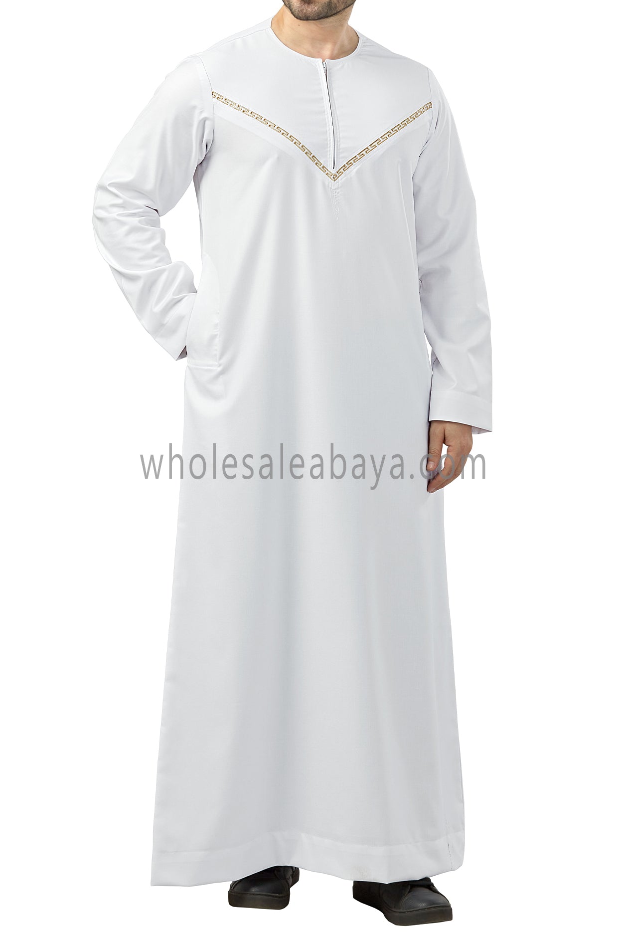 Premium Omani Thoubes with Embroidered "V" Stitching White and Gold