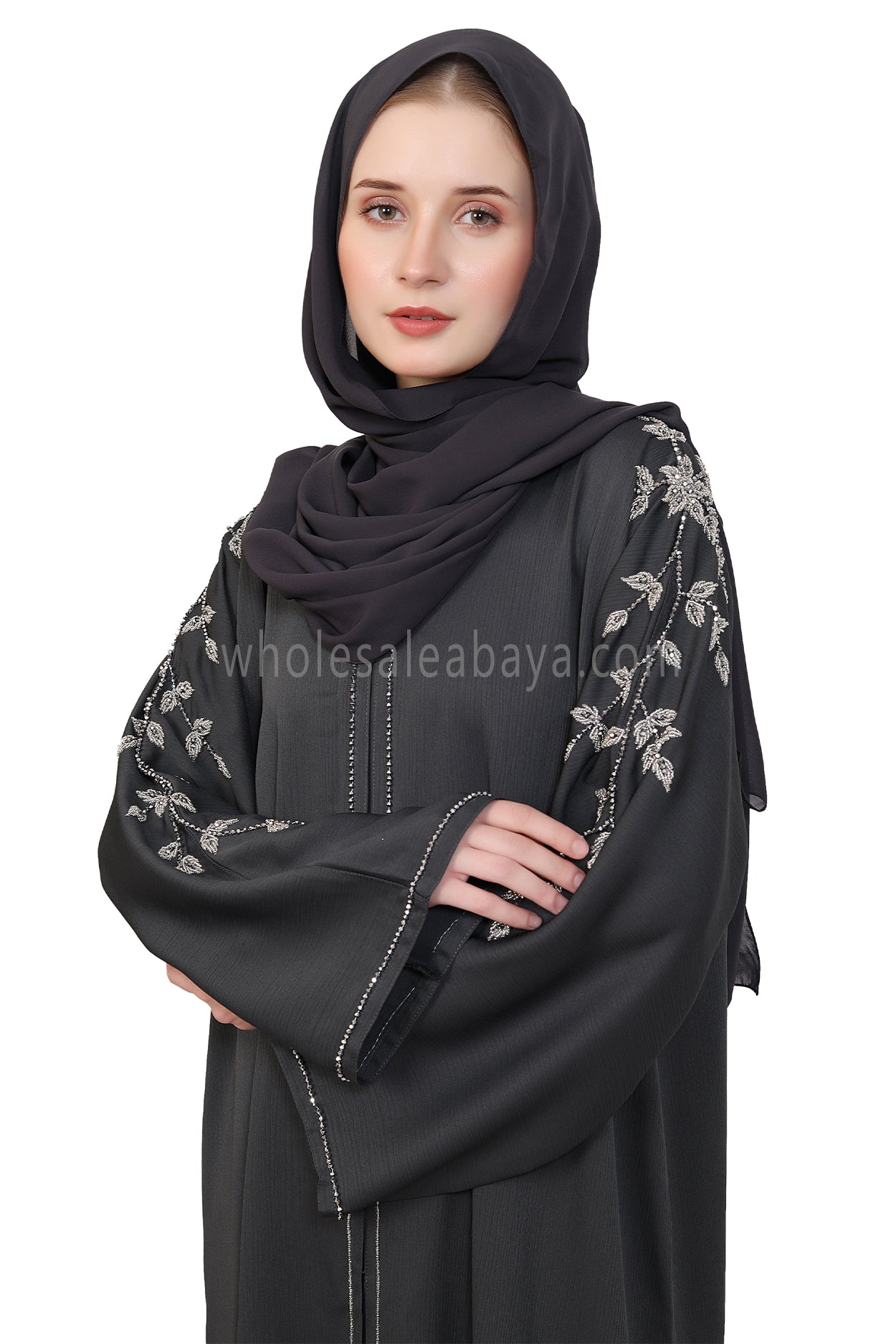 Open Abaya Style With Leaf Handwork