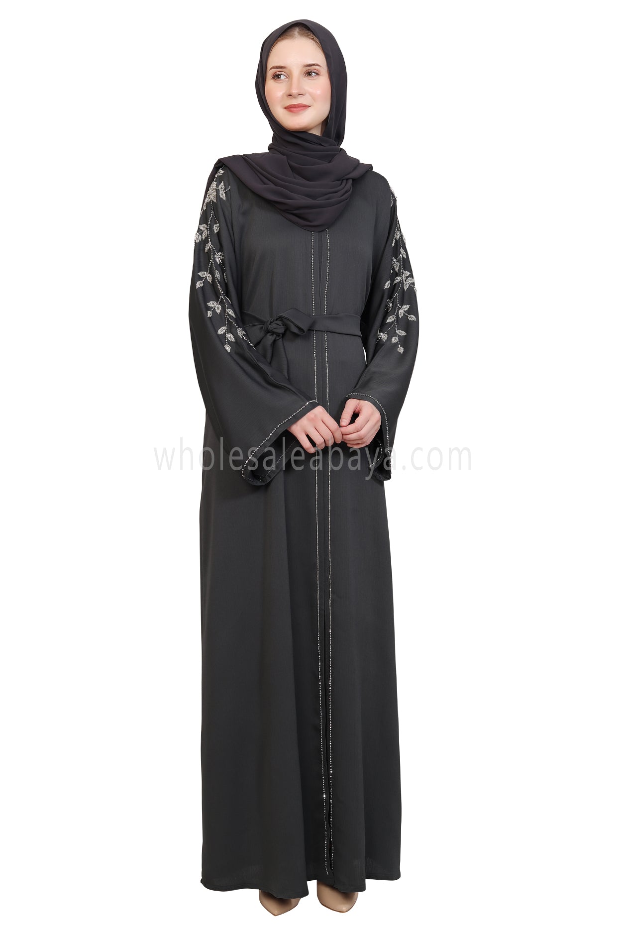 Open Abaya Style With Leaf Handwork