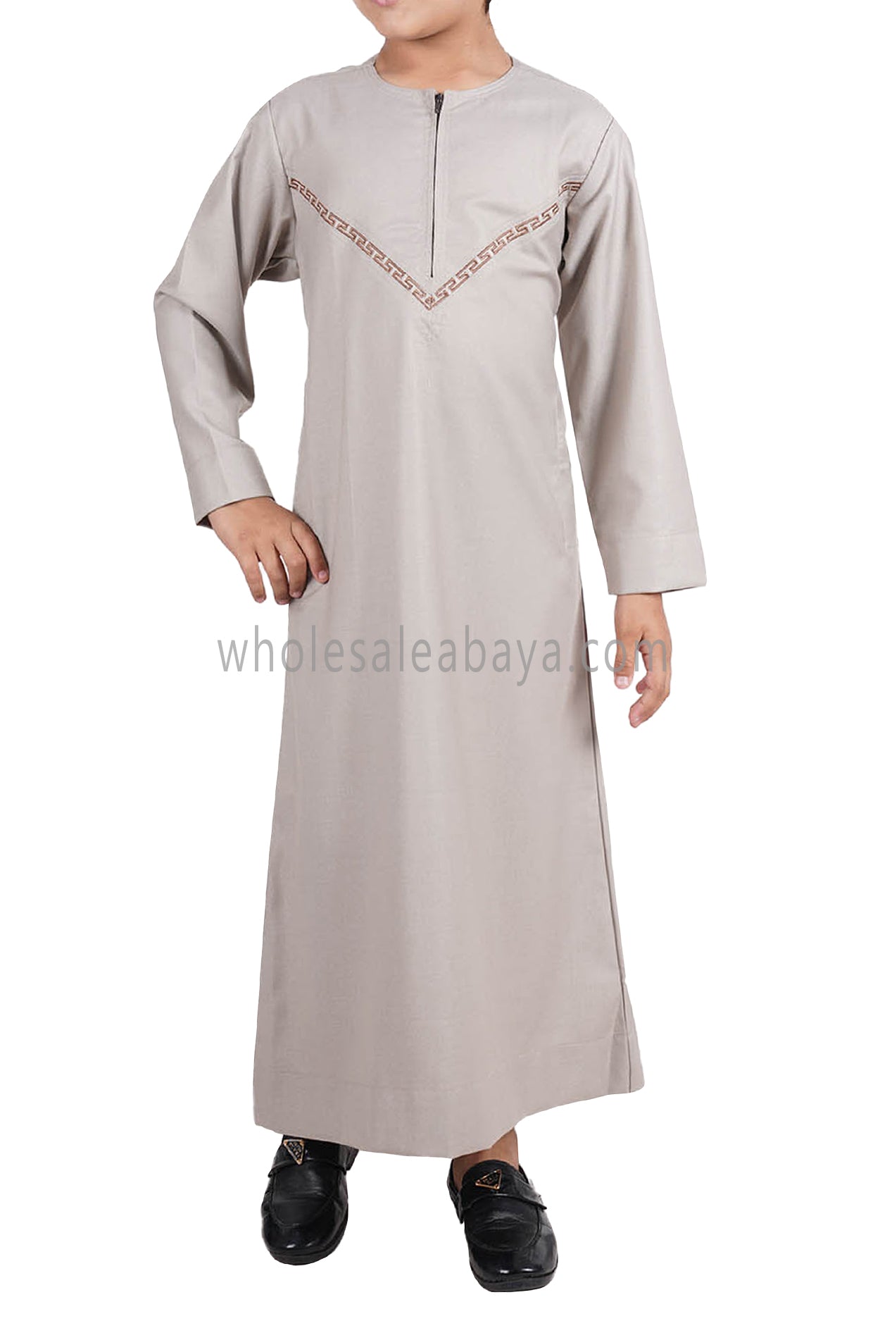 Boy's Premium Omani Thoube with Embroidered "V" Stitching Stone Beige and Brown