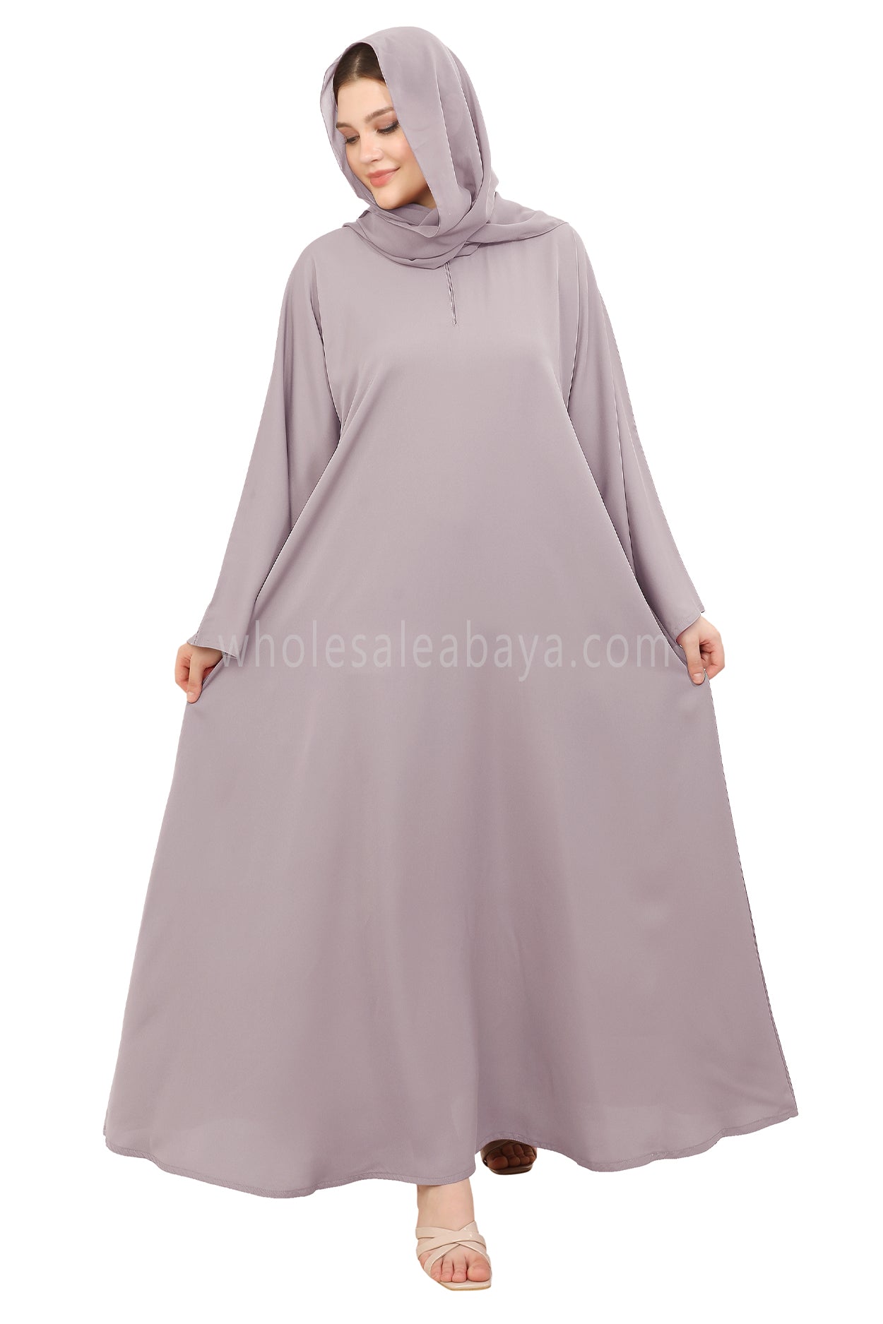 Plain Closed Abaya with Wide Sleeves 30418 Lilac Grey
