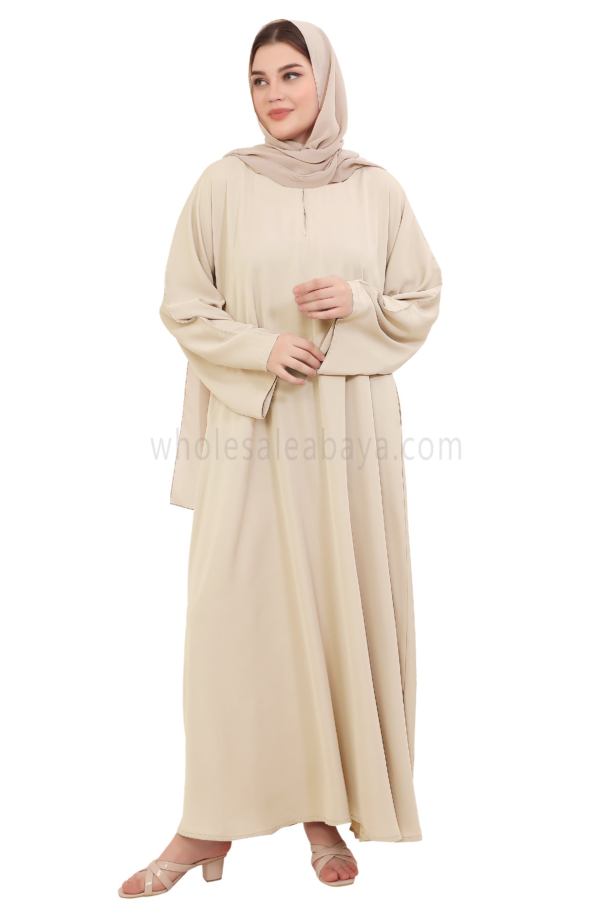 Plain Closed Abaya with Wide Sleeves 30418 Ivory