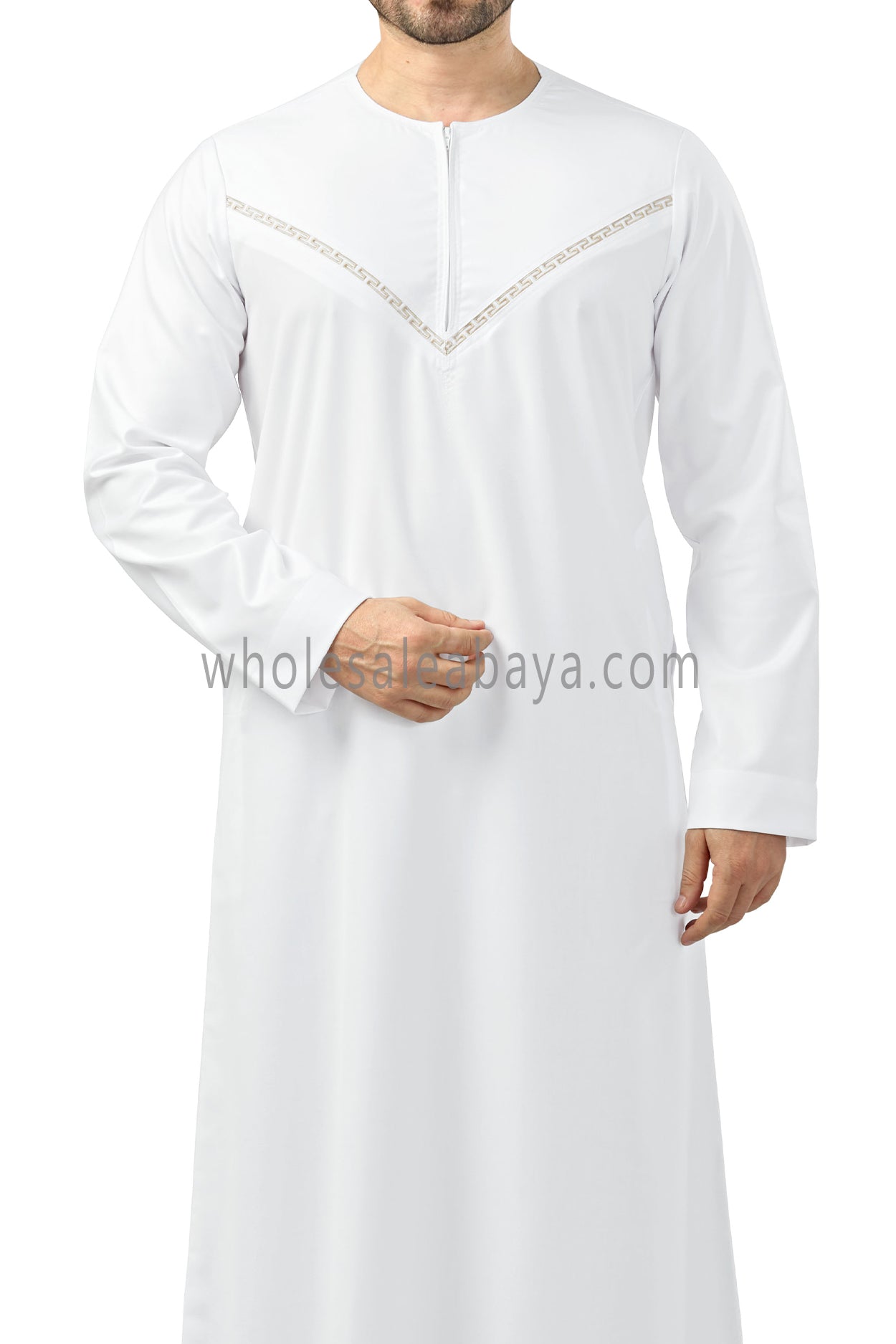 Premium Omani Thoubes with Embroidered "V" Stitching White and Gold