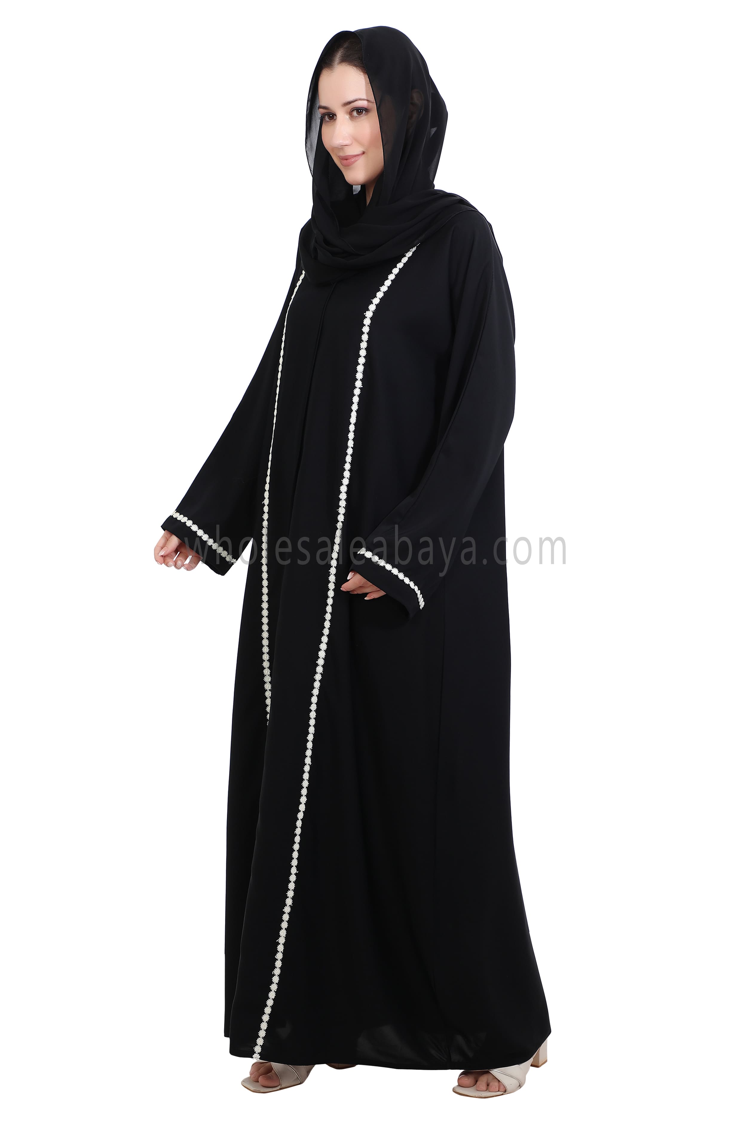 Closed Straight Cut Abaya in Off White Lace Detailing