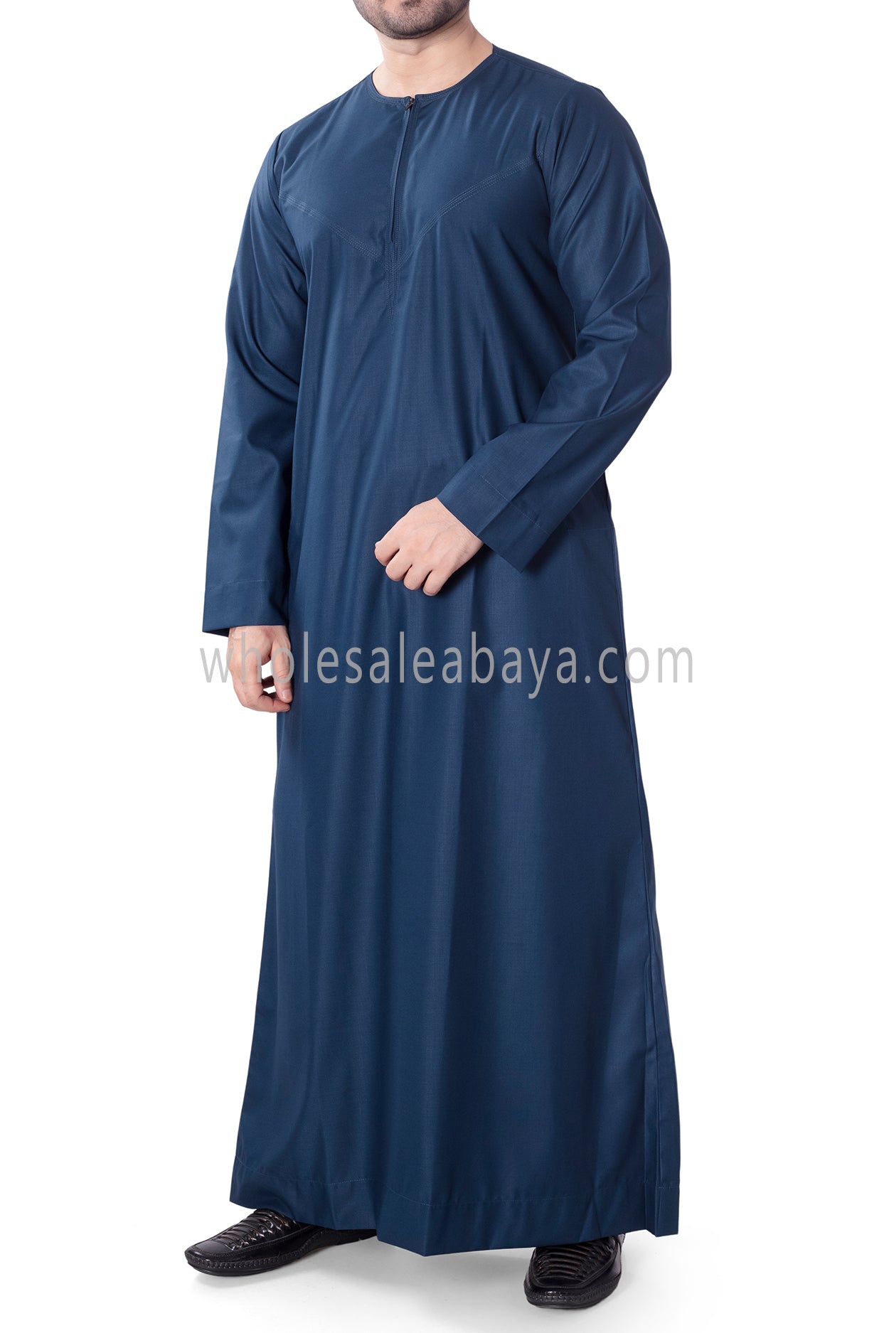 Men's Classic Plain Omani Thoube With Front Zip Teal Blue