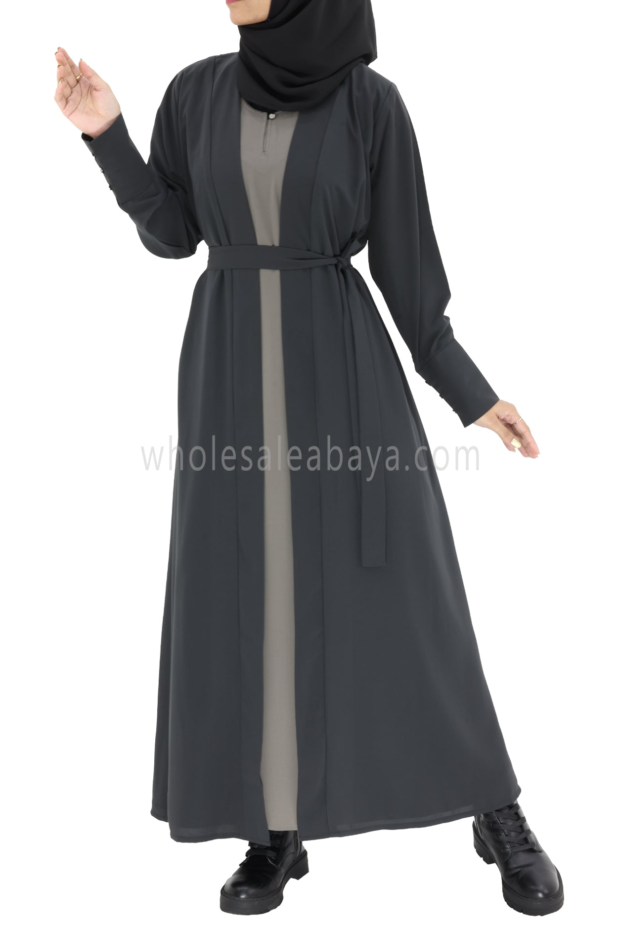 2 In One Front Open Abaya With Inner Slip Dress Silver Grey Colour